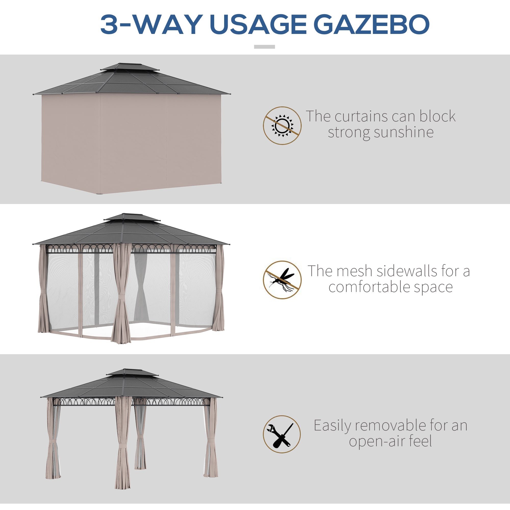 Outsunny 3.6 x 3 (m) Outdoor Polycarbonate Gazebo, Double Roof Hard Top Gazebo with Nettings & Curtains for Garden, Lawn, Patio