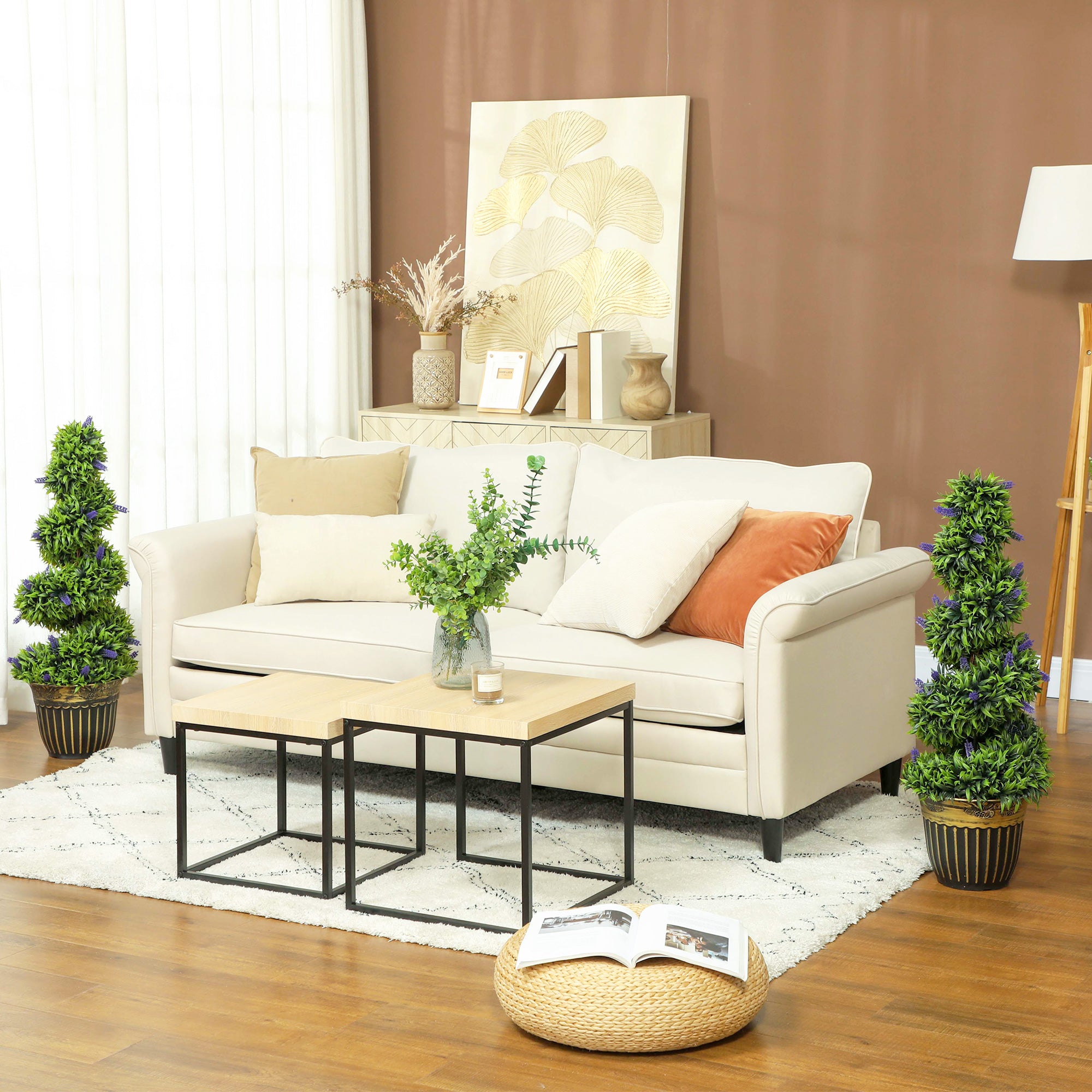HOMCOM Set of 2 Decorative Artificial Plants, Boxwood Spiral Topiary Tree with Lavender and Pot, Fake Plants for Home Indoor Outdoor Decor, 90cm - North Peak Garden Furniture