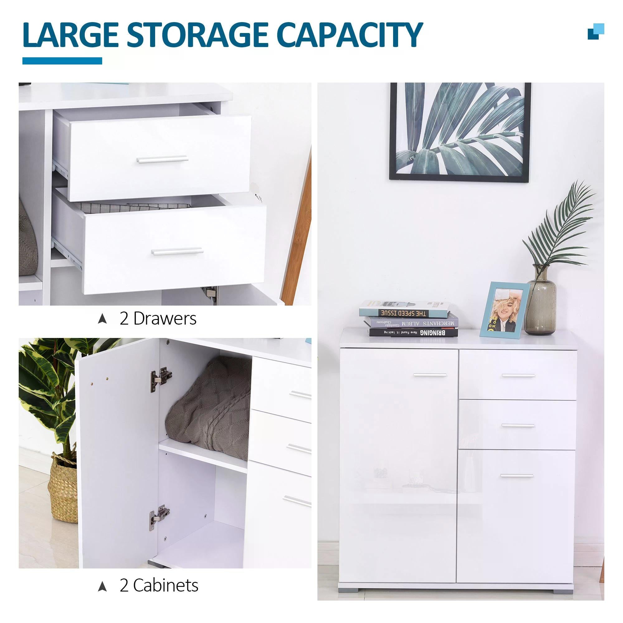 HOMCOM High Gloss Side Cabinet, Modern Design, 71x35x76 cm, Ample Storage Space, White