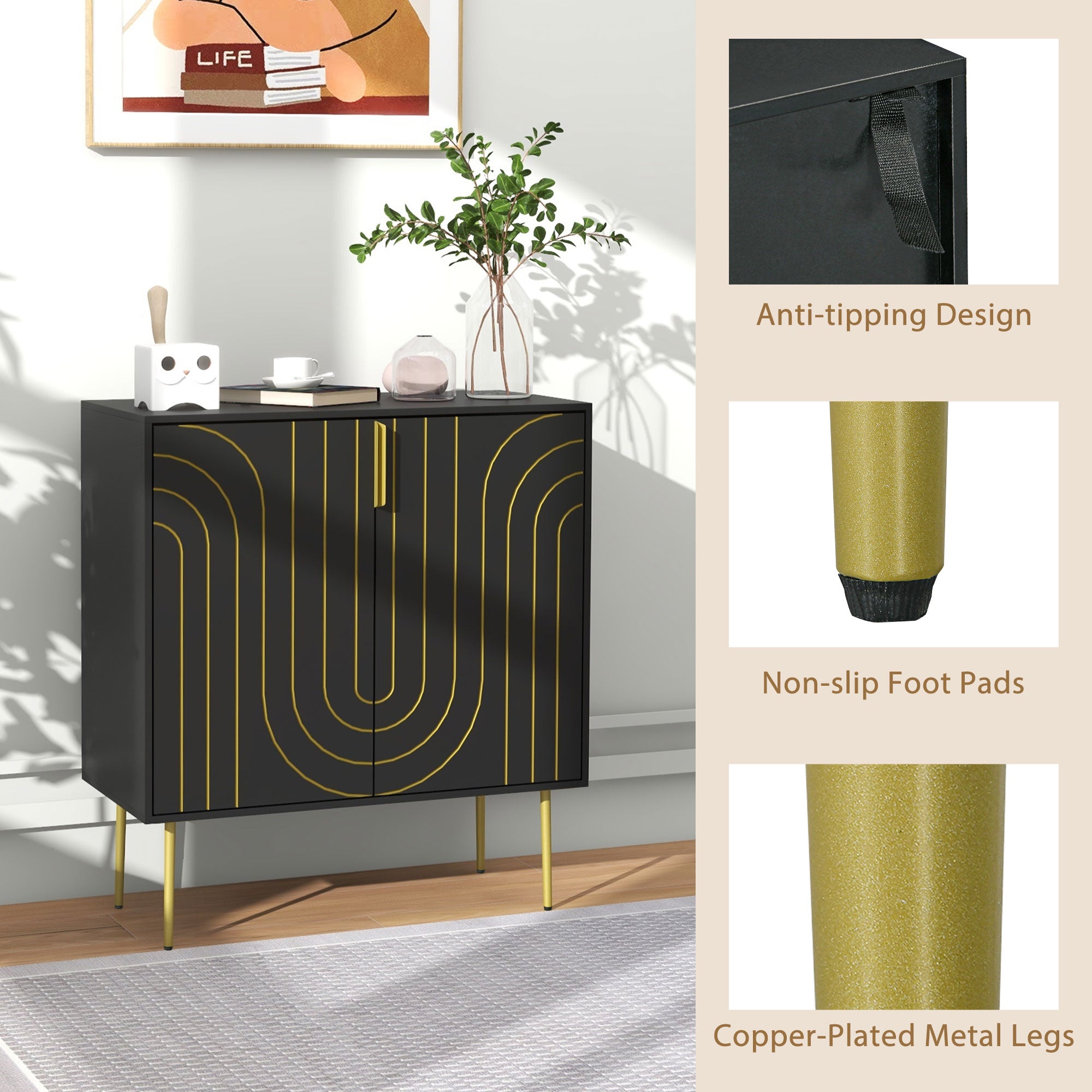 HOMCOM Art Deco Inspired Sideboard, with Adjustable Shelf - Black/Gold Tone - North Peak Garden Furniture