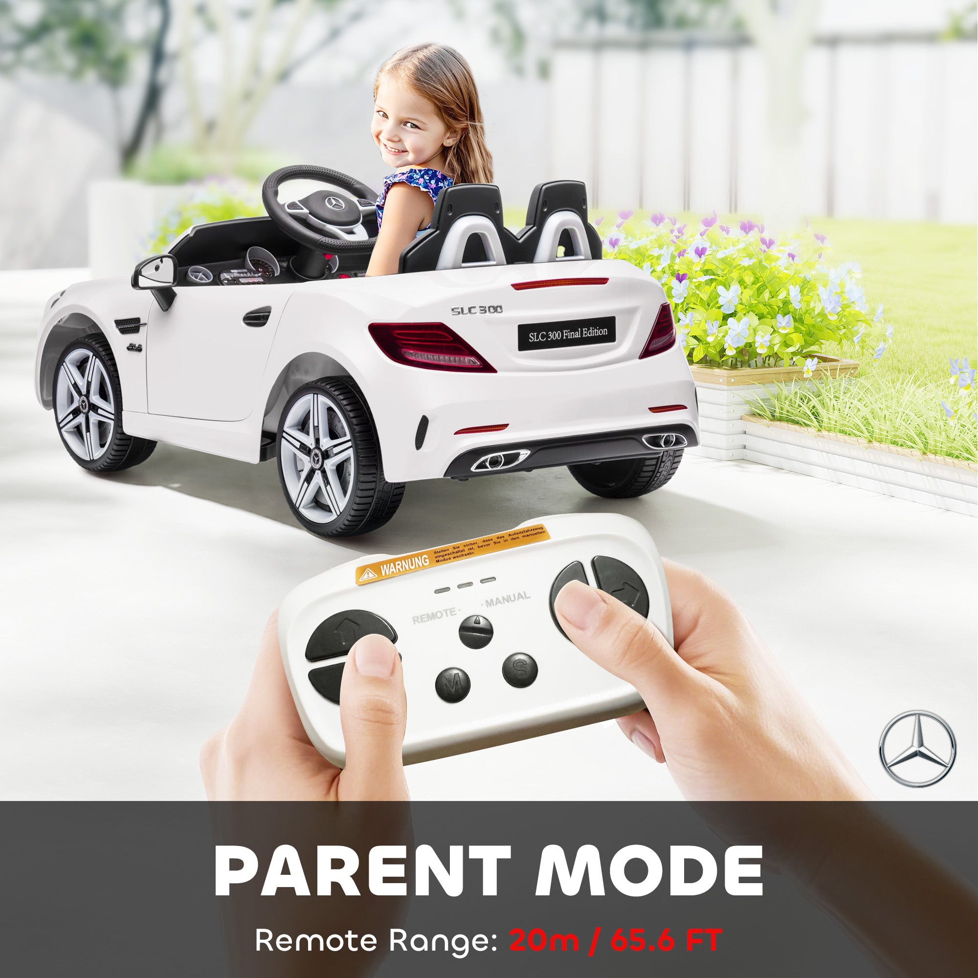 AIYAPLAY Benz SLC 300 Licensed 12V Kids Electric Ride On Car with Parental Remote Two Motors Music Lights Suspension Wheels for 3-6 Years White