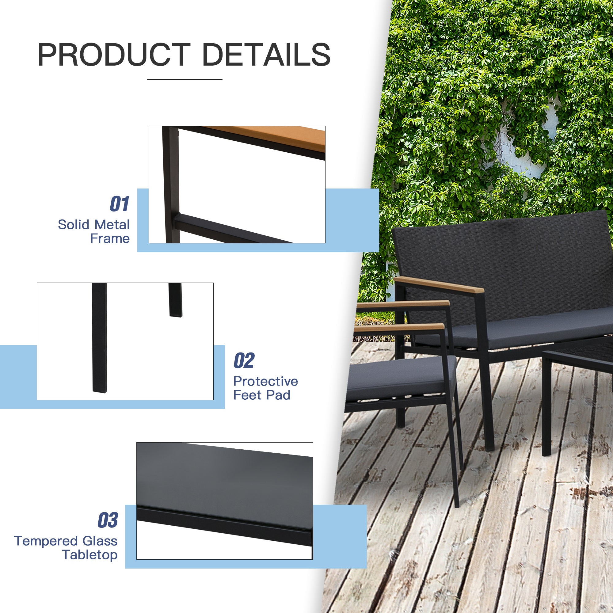 Outsunny 4PC Rattan Garden Furniture Set 2 Single Sofa Arm Chairs 1 Bench Loveseat with Cushions & Coffee Table Patio Backyard Wicker Weave - North Peak Garden Furniture