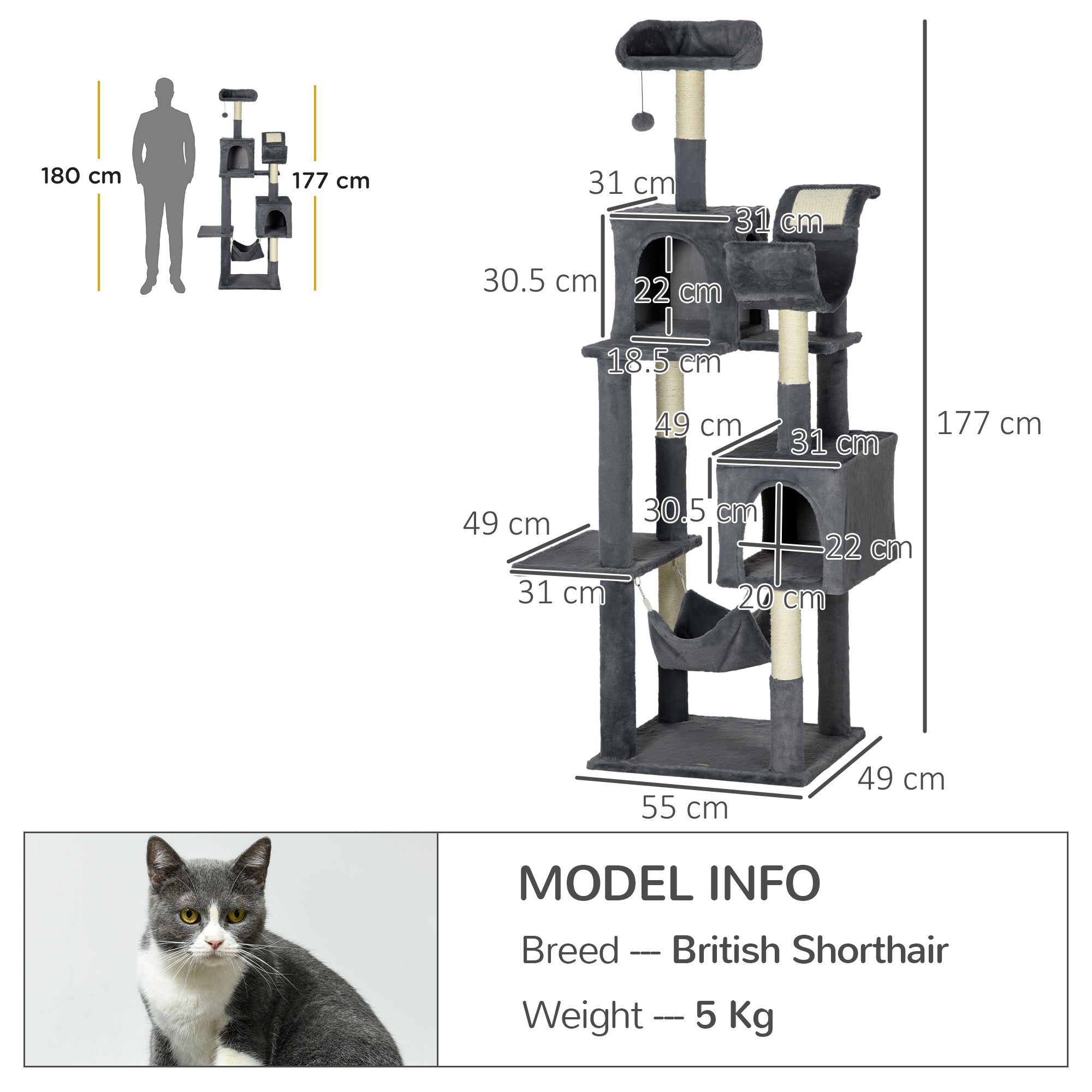 PawHut 177cm Cat Tree with Scratching Post, Hammock, Cat House - Dark Grey - North Peak Garden Furniture
