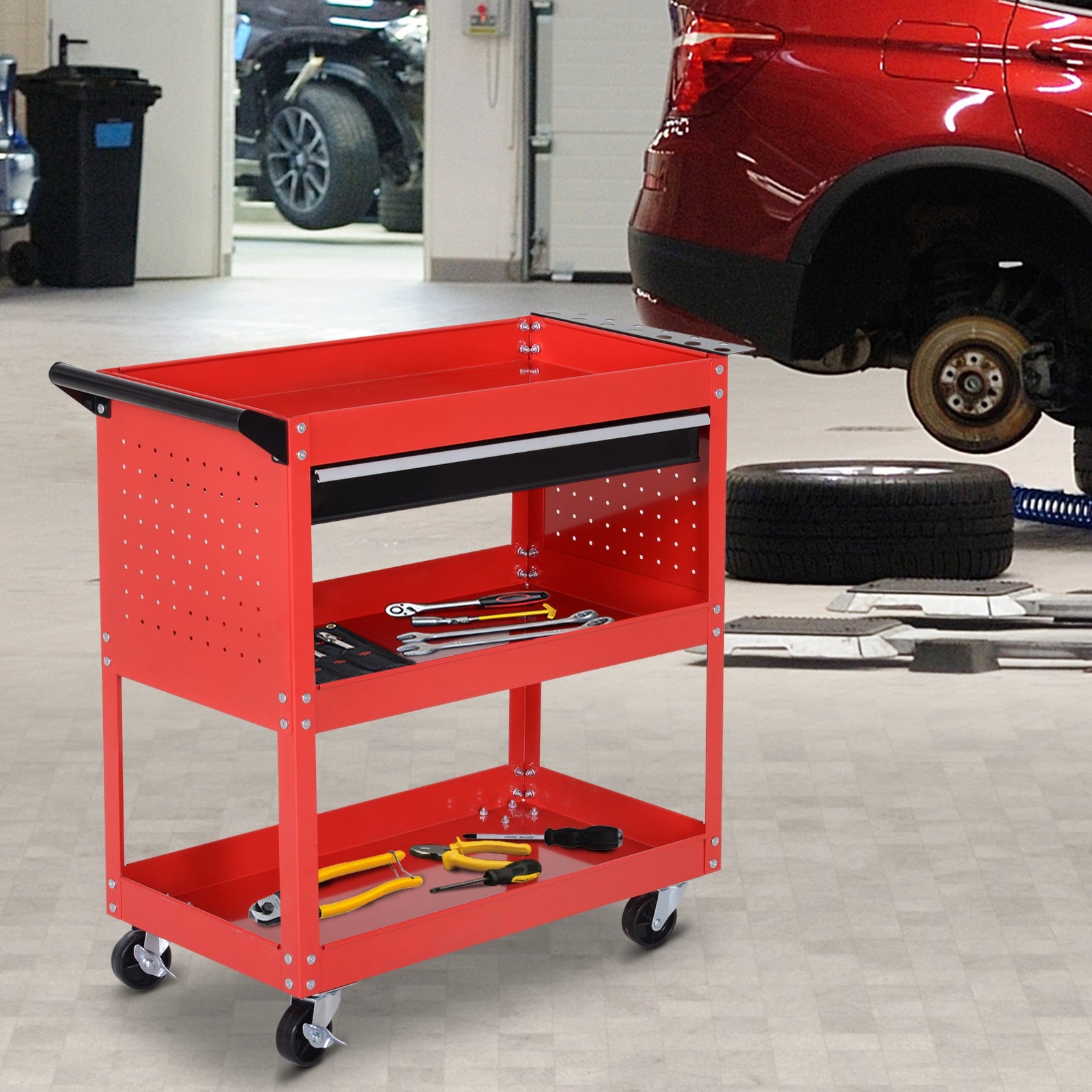 DURHAND 3-Tier Tool Trolley Cart Storage Shelf Roller Cabinet DIY Box Garage Workshop with Drawer Red - North Peak Garden Furniture