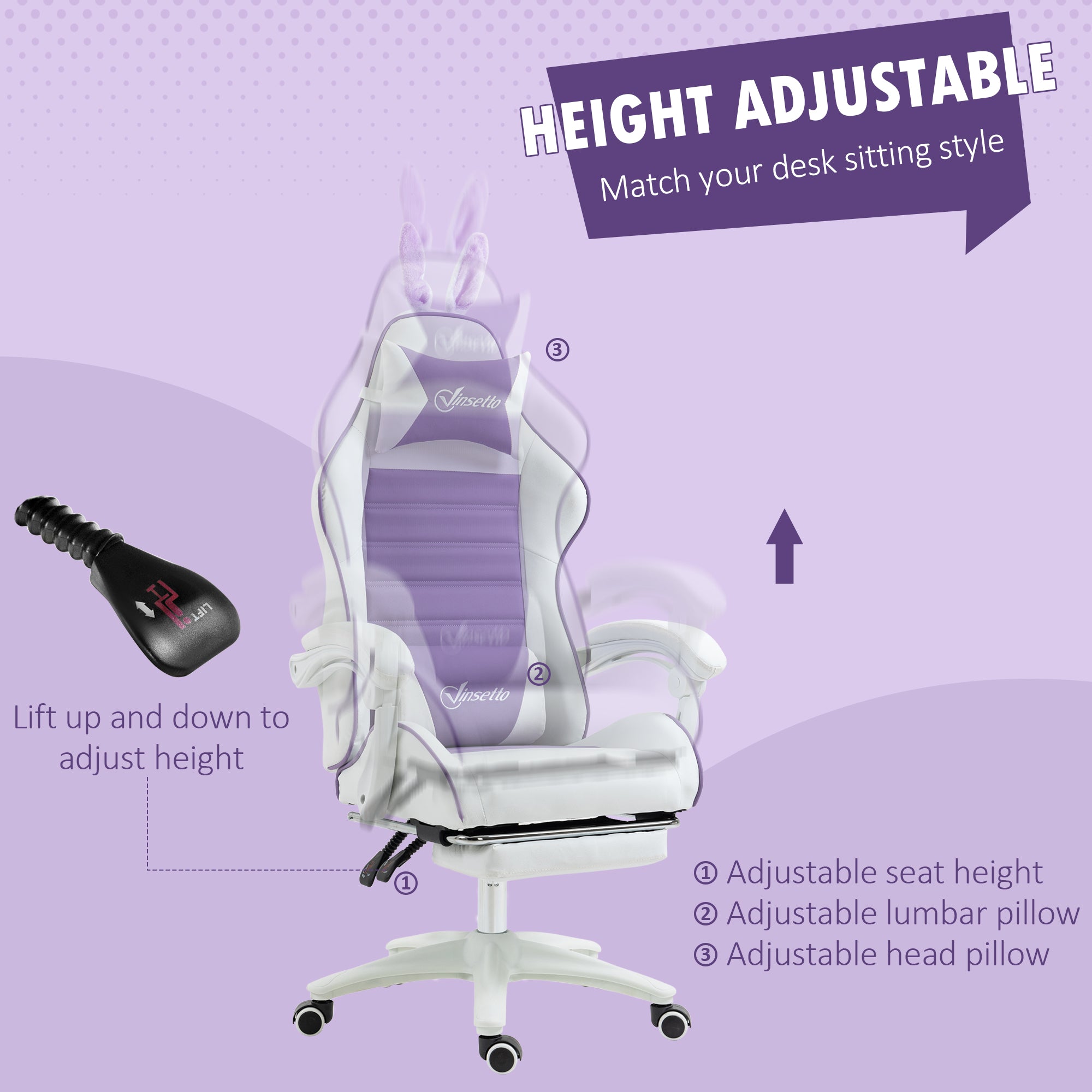 Vinsetto Racing Gaming Chair, Reclining PU Leather Computer Chair with Removable Rabbit Ears, Footrest, Headrest and Lumber Support, Purple - North Peak Garden Furniture
