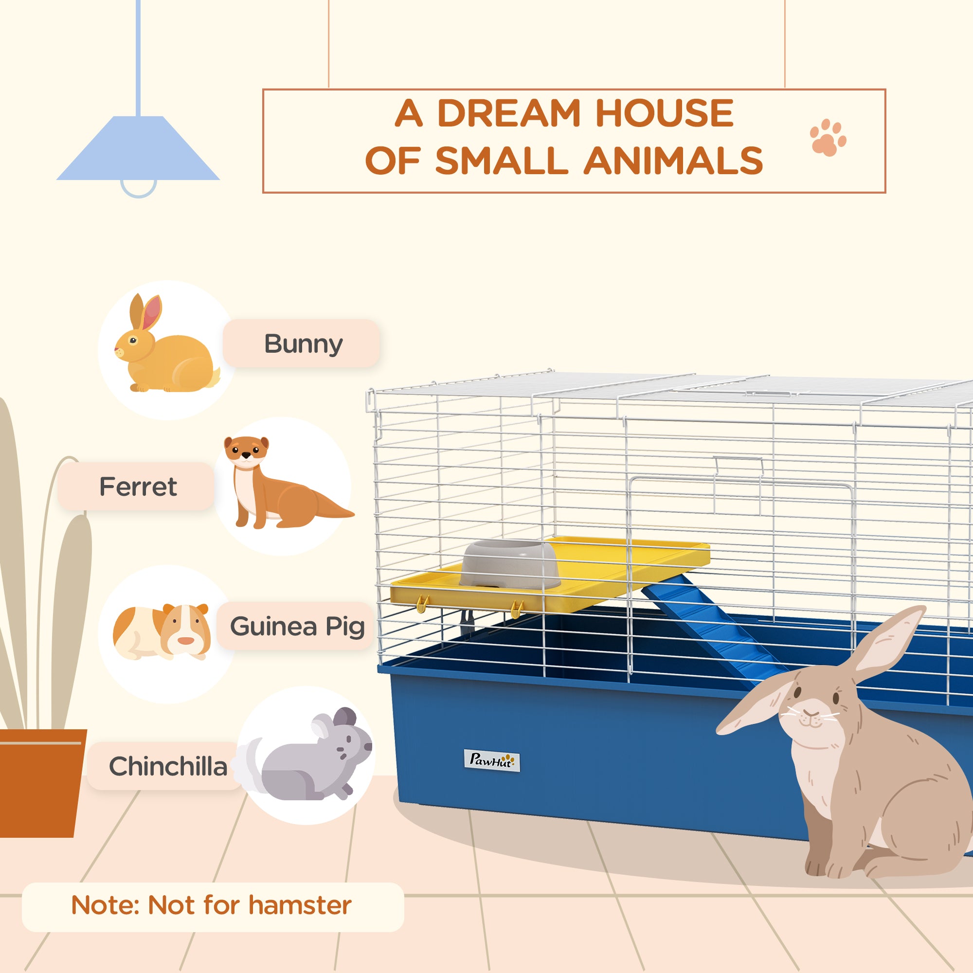 PawHut Chinchillas Small Rabbit Guinea Pig Small Animal Cage, Pet Playhouse, with Platform, Ramp, 99 x 52 x 53cm, Blue - North Peak Garden Furniture