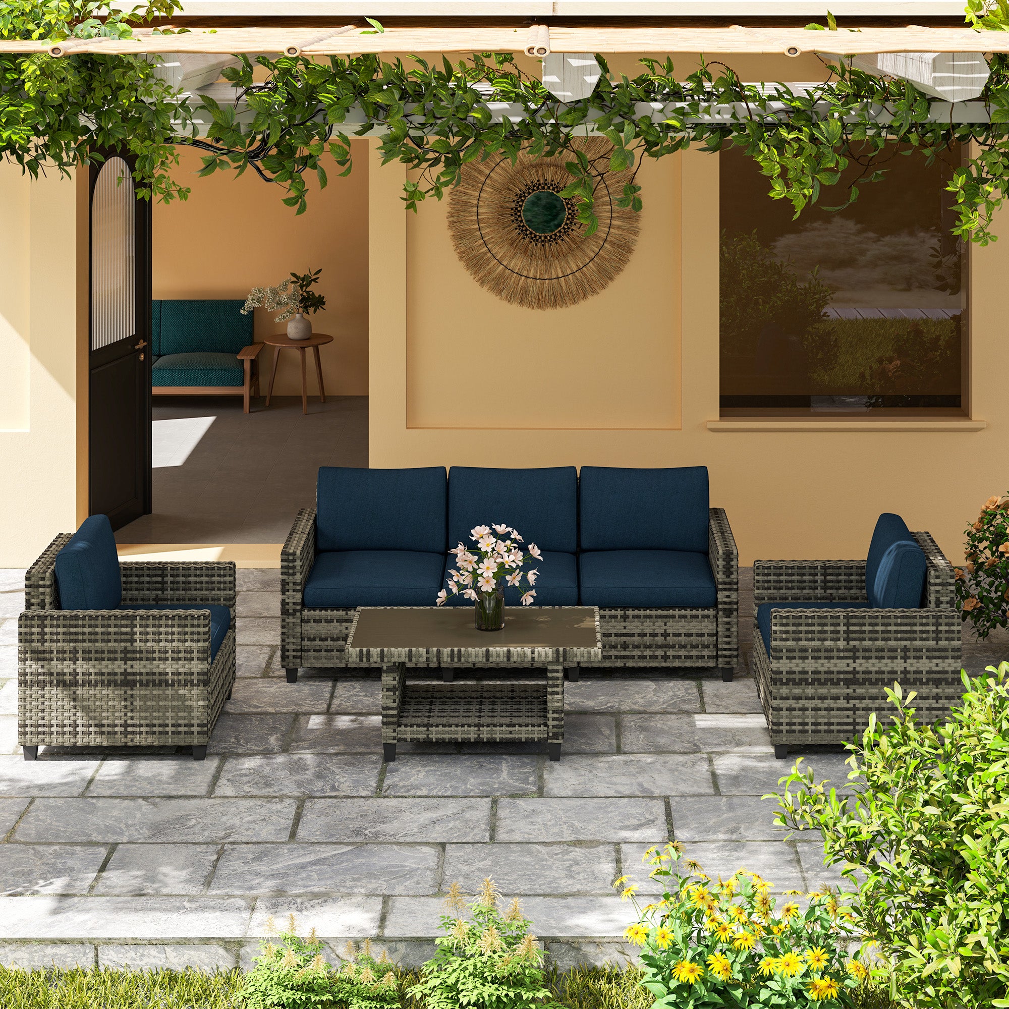Outsunny Six-Piece Modular Rattan Sofa Set - Navy Blue - North Peak Garden Furniture