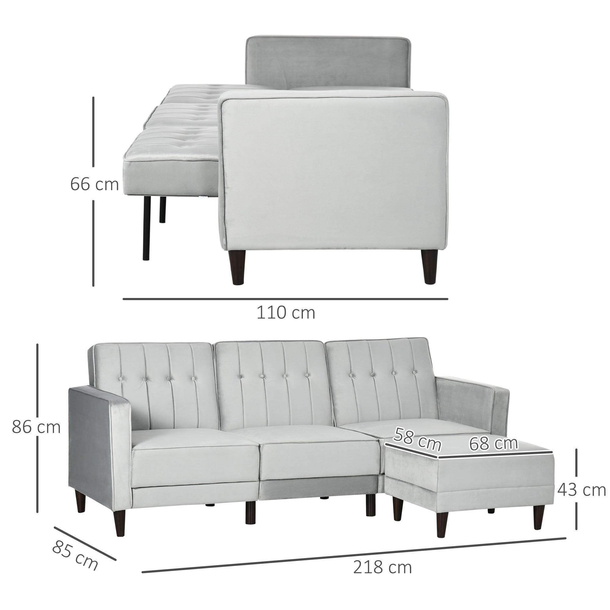 HOMCOM L Shape Sofa Bed Set with 3-Seater Sofa and Footstool, Corner Sofa Bed with Ottoman, Light Grey