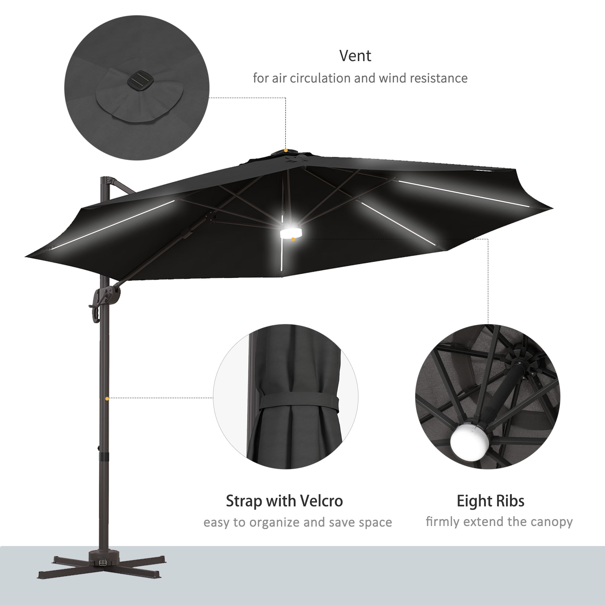 Outsunny Cantilever Parasol, with LED Lights and Cross Base - Dark Grey