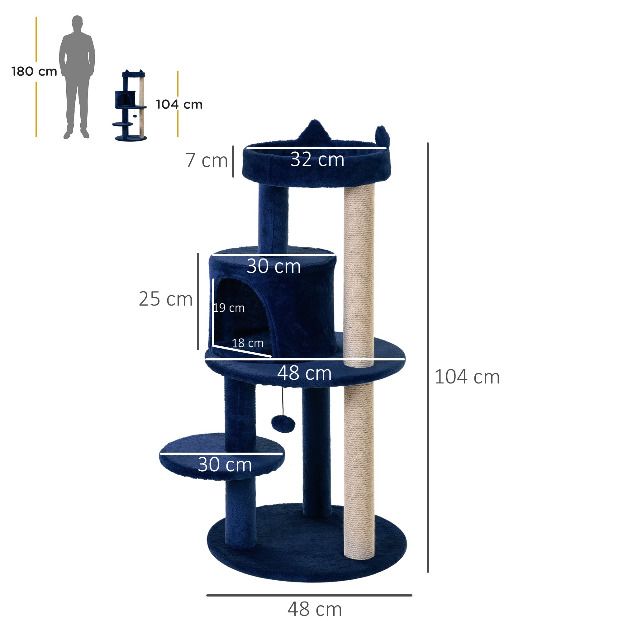 PawHut 104 cm Cat Tree, Cat Condo Tree Tower, Cat Activity Centre with Scratching Posts, Plush Perches, Hanging Ball - Blue - North Peak Garden Furniture
