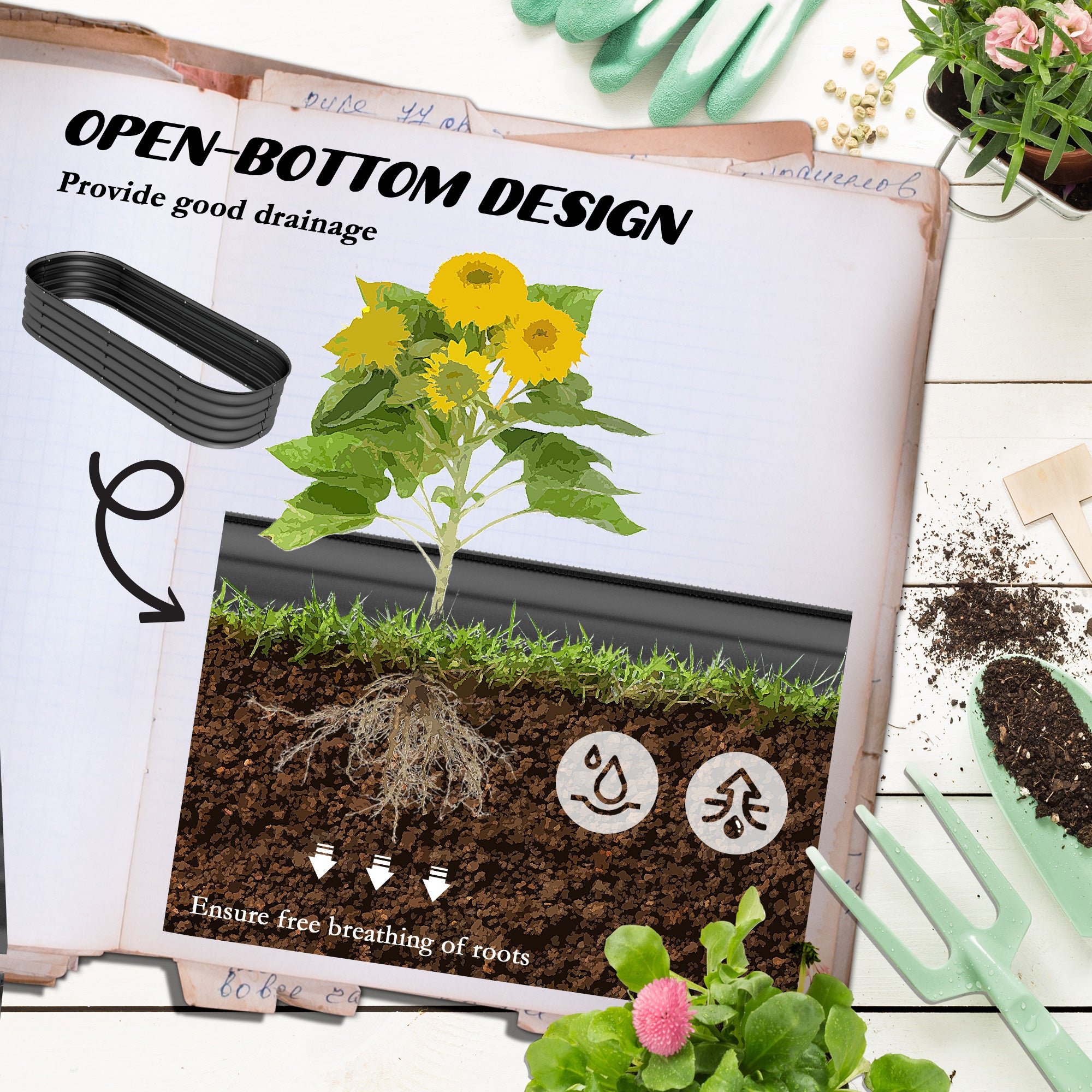 Outsunny Galvanised Raised Garden Bed, Metal Planter Box with Safety Edging, for Flowers, Herbs, Succulents, Dark Grey - North Peak Garden Furniture