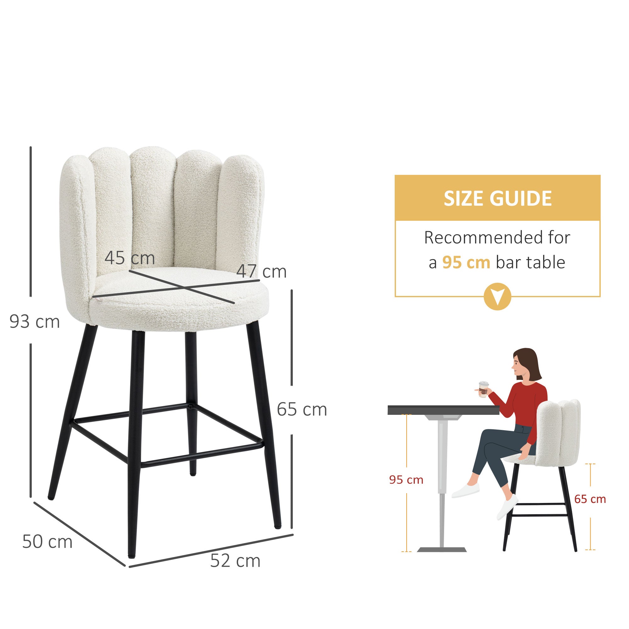 HOMCOM Bar Stools Set of 2, Faux Cashmere Upholstered Breakfast Bar Chairs, Modern Kitchen Stools with Backs, Footrest and Steel Base, Cream - North Peak Garden Furniture