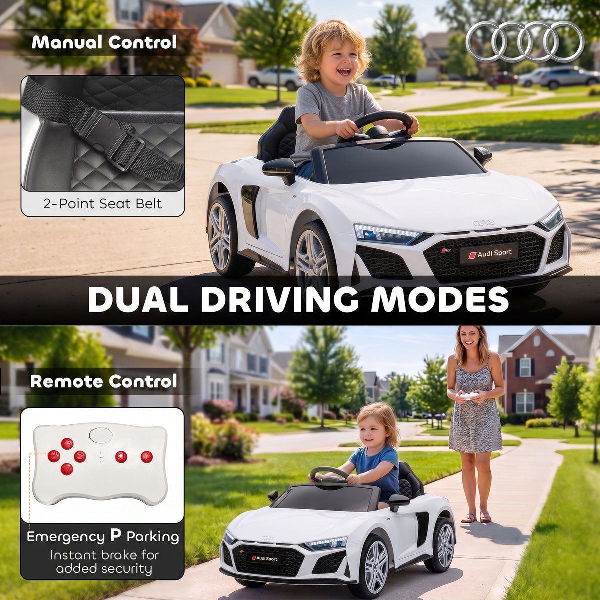AIYAPLAY Licensed Audi R8 Spyder 12V Electric Car for Kids with Remote Control, Dual Motors, Rear Suspension, Soft Start, White