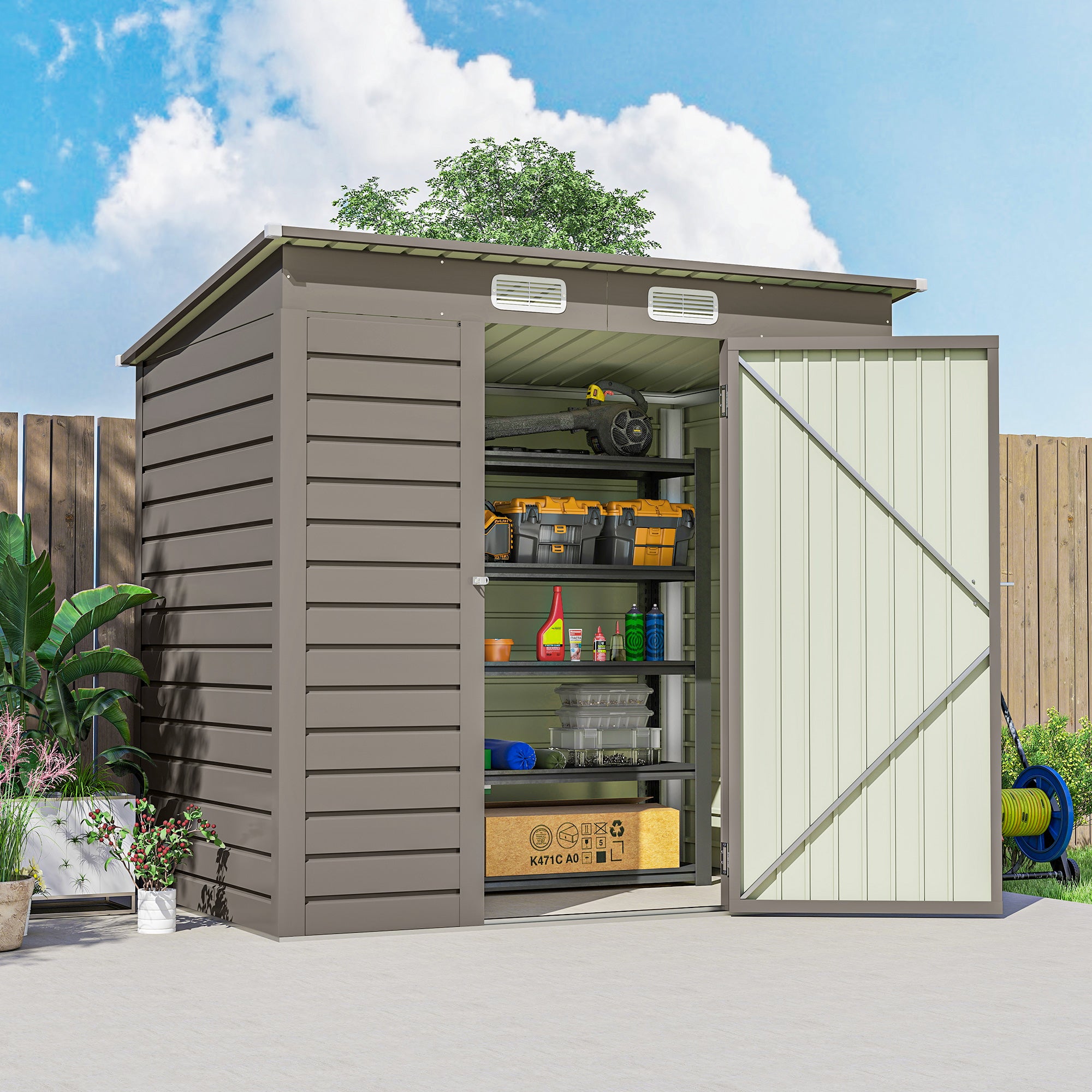 Outsunny 4 x 6ft Galvanised Metal Garden Shed, with Locking Door - Grey