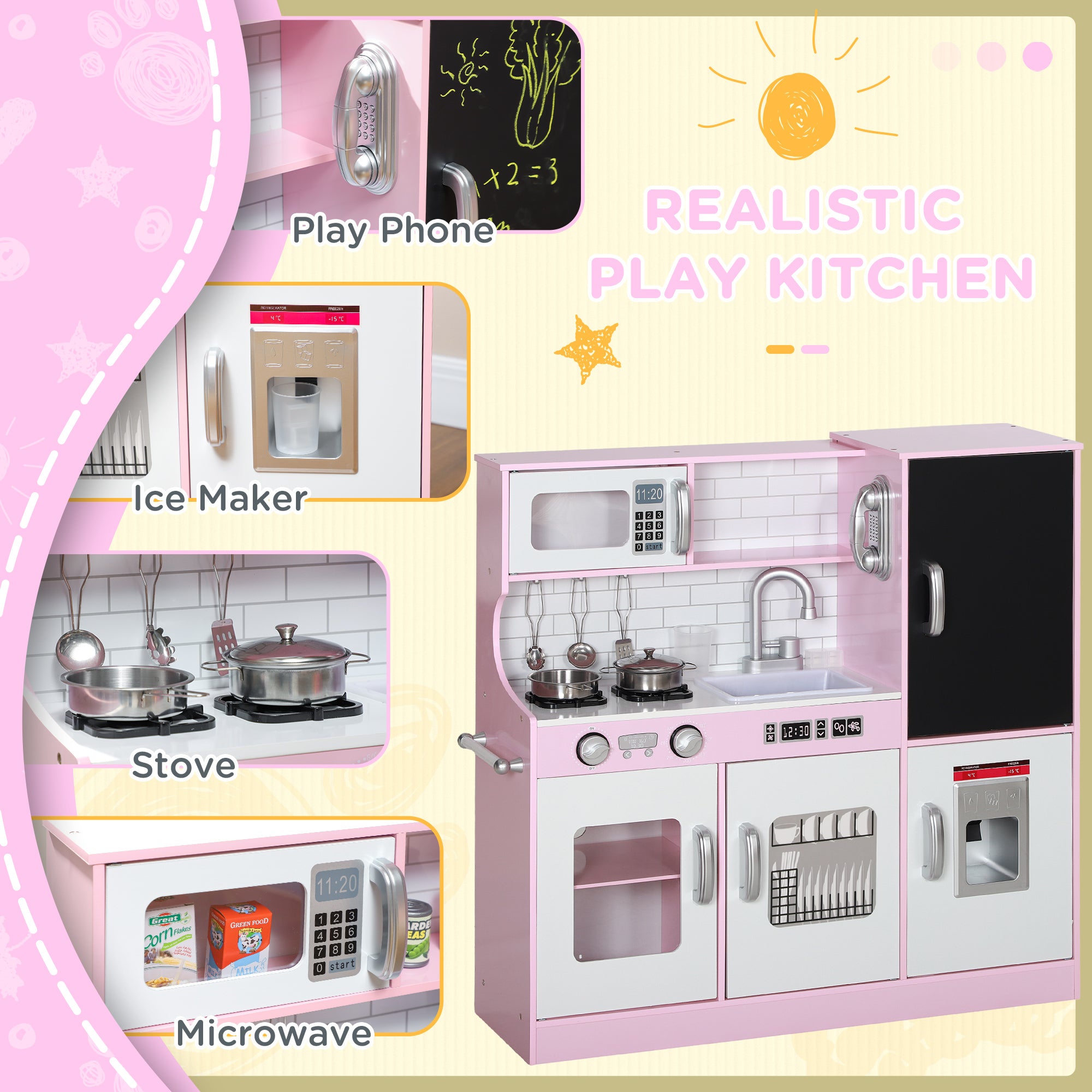 AIYAPLAY Pretend Play Kitchen Kids Kitchen Playset w/ Toy Phone, Chalkboard, Microwave, Cooking Stove, Sink - North Peak Garden Furniture