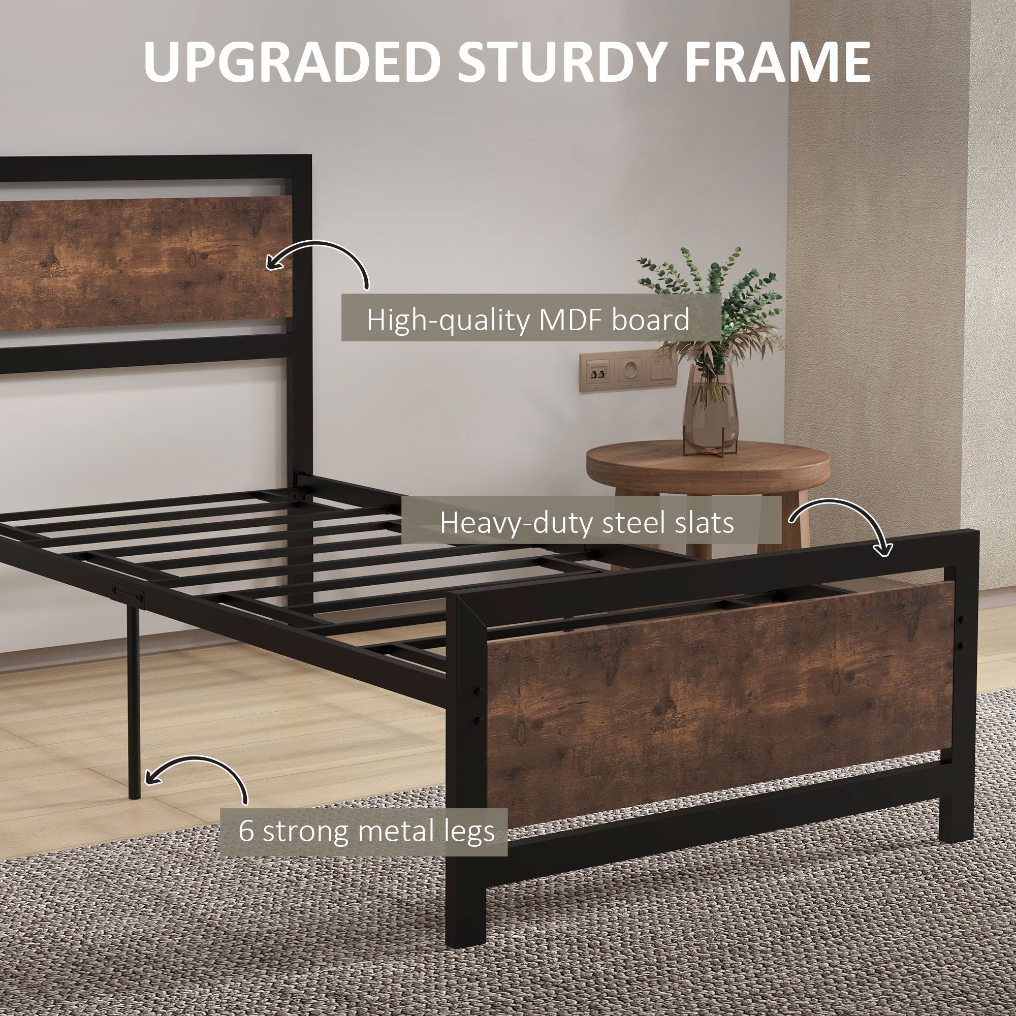 HOMCOM Single Size Metal Bed Frame with Headboard & Footboard, Strong Slat Support Solid Bedstead Base w/ Underbed Storage Space, Bedroom Furniture For Adults - North Peak Garden Furniture