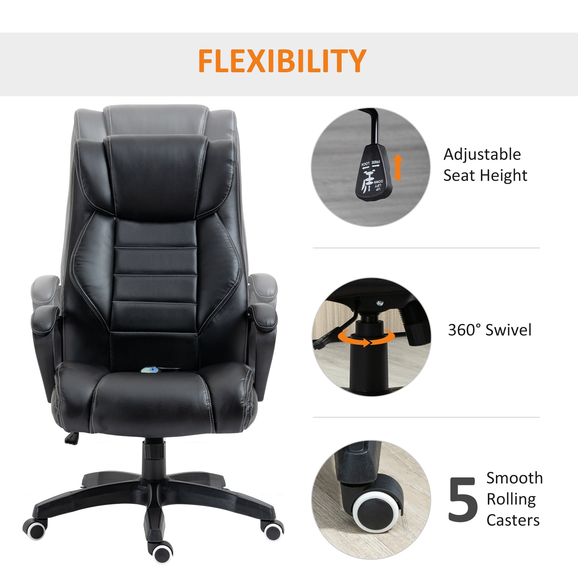 Vinsetto High Back Executive Office Chair 6- Point Vibration Massage Extra Padded Swivel Ergonomic Tilt Desk Seat, Black - North Peak Garden Furniture