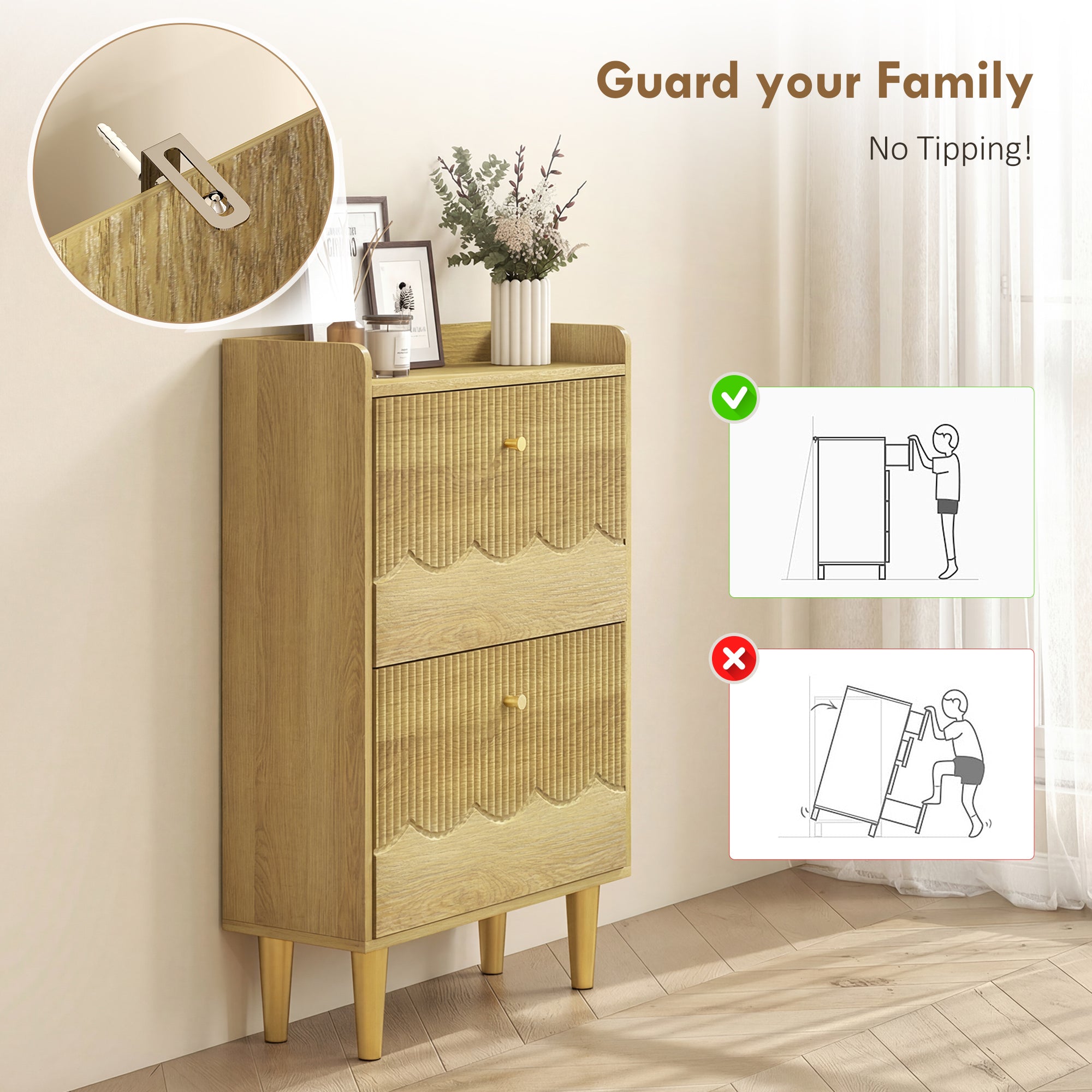 HOMCOM Narrow Shoe Cabinet, Modern Shoe Storage Cabinet with 2 Flip Drawers, Oak