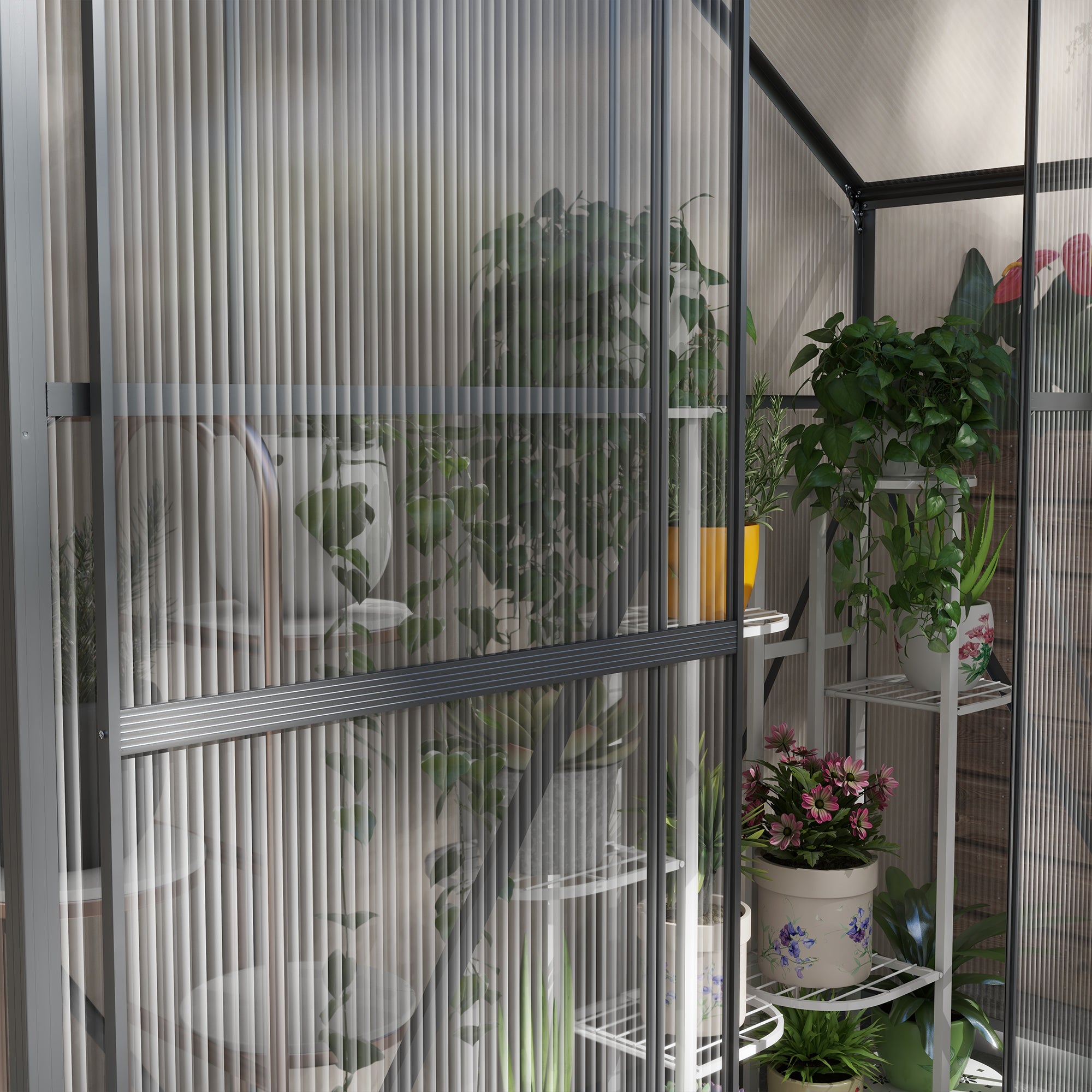 Outsunny 6 x 2.5ft Polycarbonate Greenhouse Walk-In Green House with Rain Gutter, Sliding Door, Window, Foundation, Dark Grey - North Peak Garden Furniture