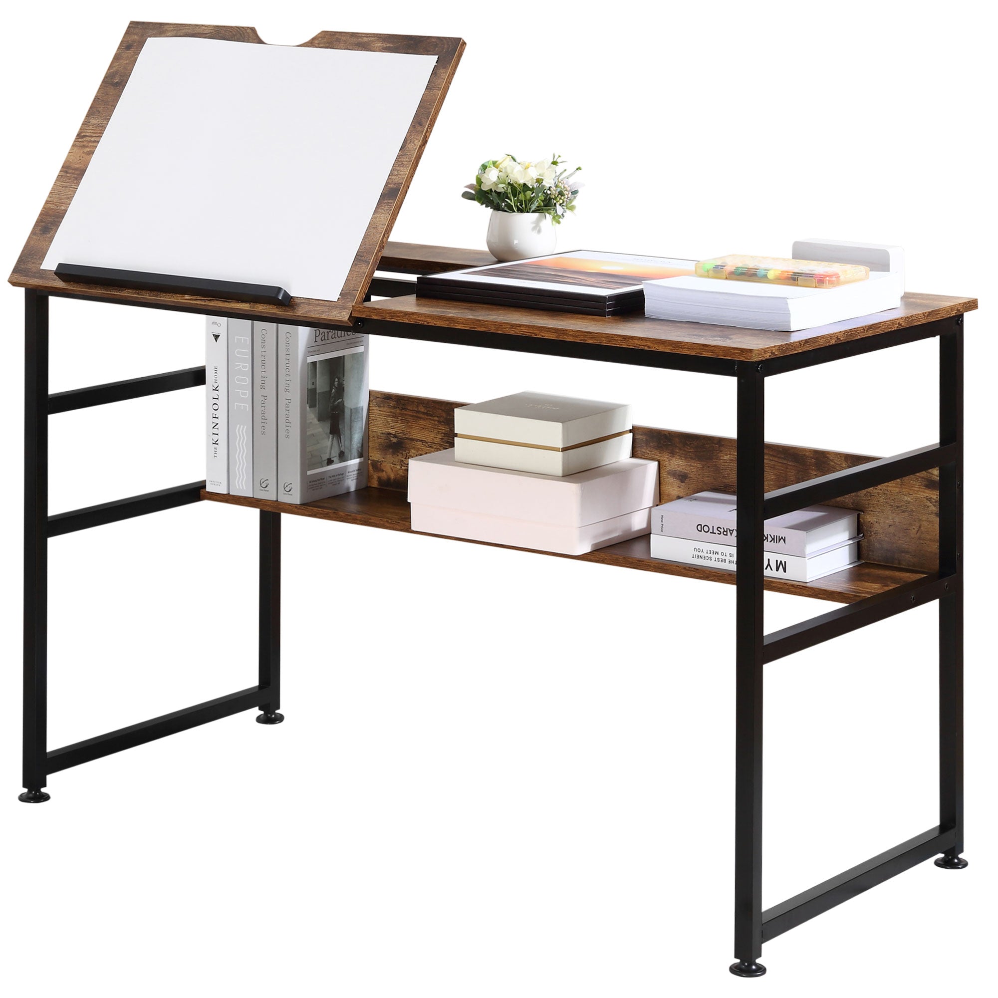 HOMCOM Adjustable Drafting Table Art Desk Drawing Table, Craft Desk Workstation for Painting, Multifunctional Writing Desk w/ 15-Level Tiltable Tabletop and Storage Shelf, Home Office, Rustic Brown - North Peak Garden Furniture