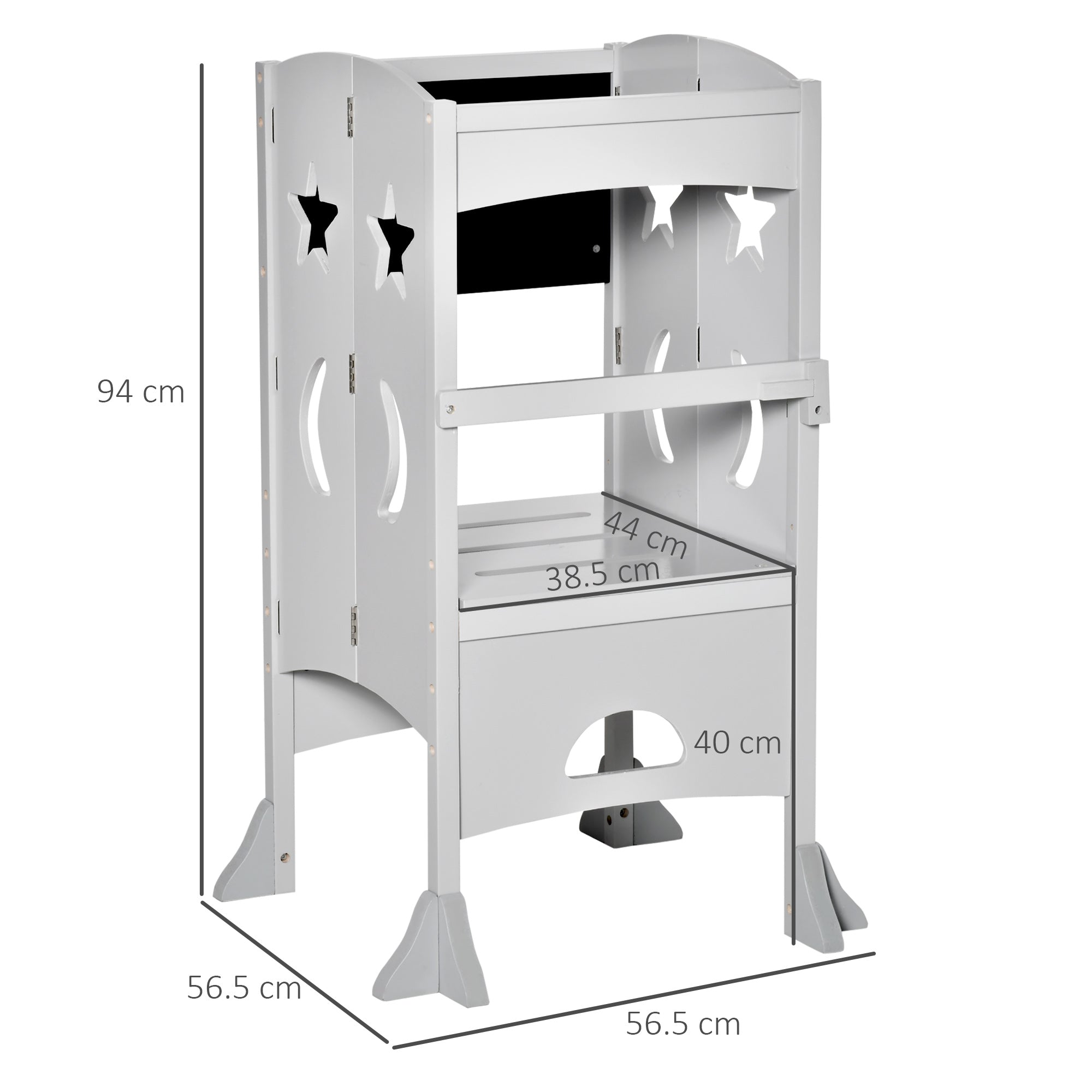 HOMCOM Kids Step Stool Toddler Kitchen Stool with Blackboard Lockable Handrail for Kids Kitchen Counter Grey - North Peak Garden Furniture