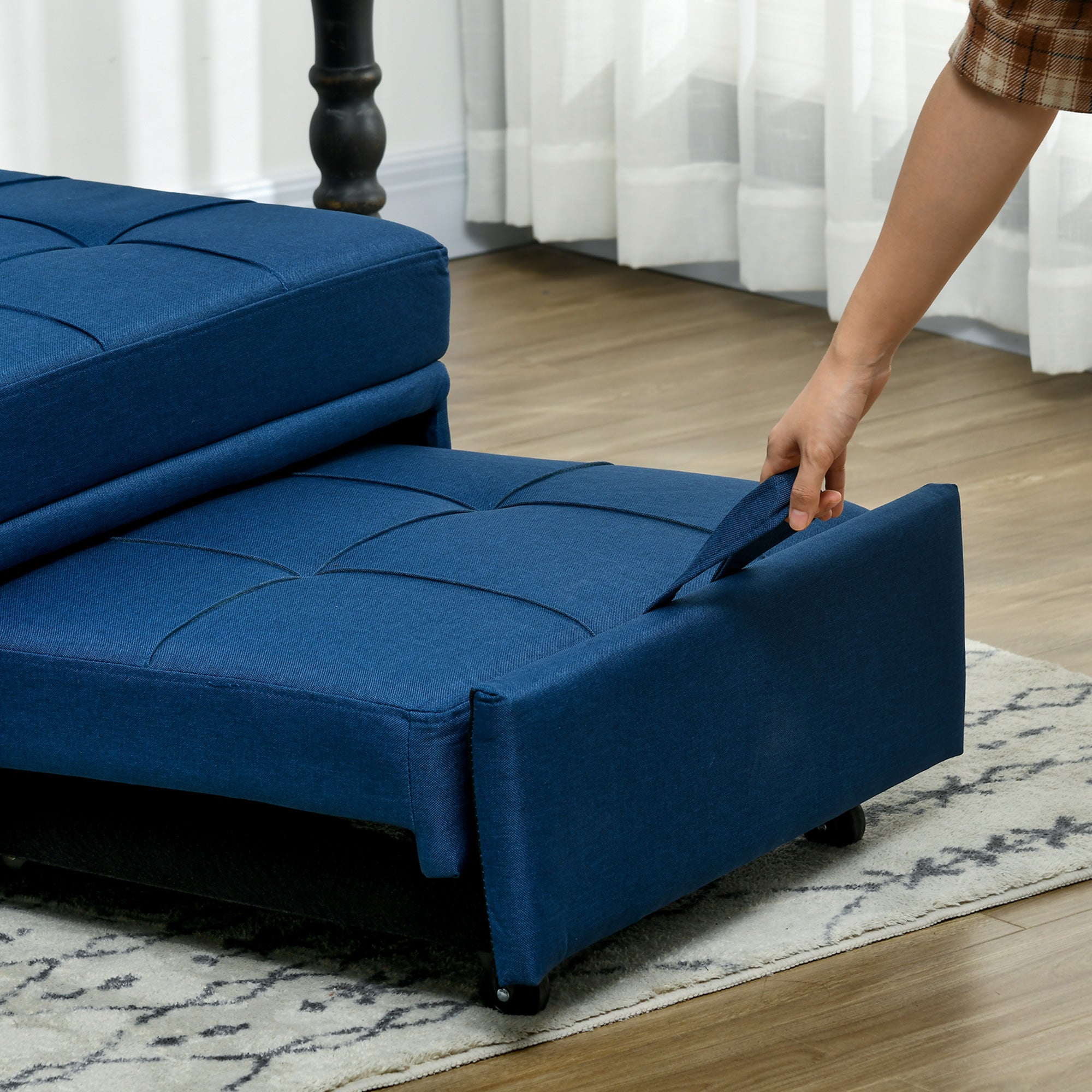 HOMCOM Convertible Chair Bed with Padding Seat, 4-in-1 Multi-Functional Sleeper Sofa Bed, Recliner with Adjustable Backrest, Side Pocket, Wheels and Pillow, for Living Room, Blue - North Peak Garden Furniture