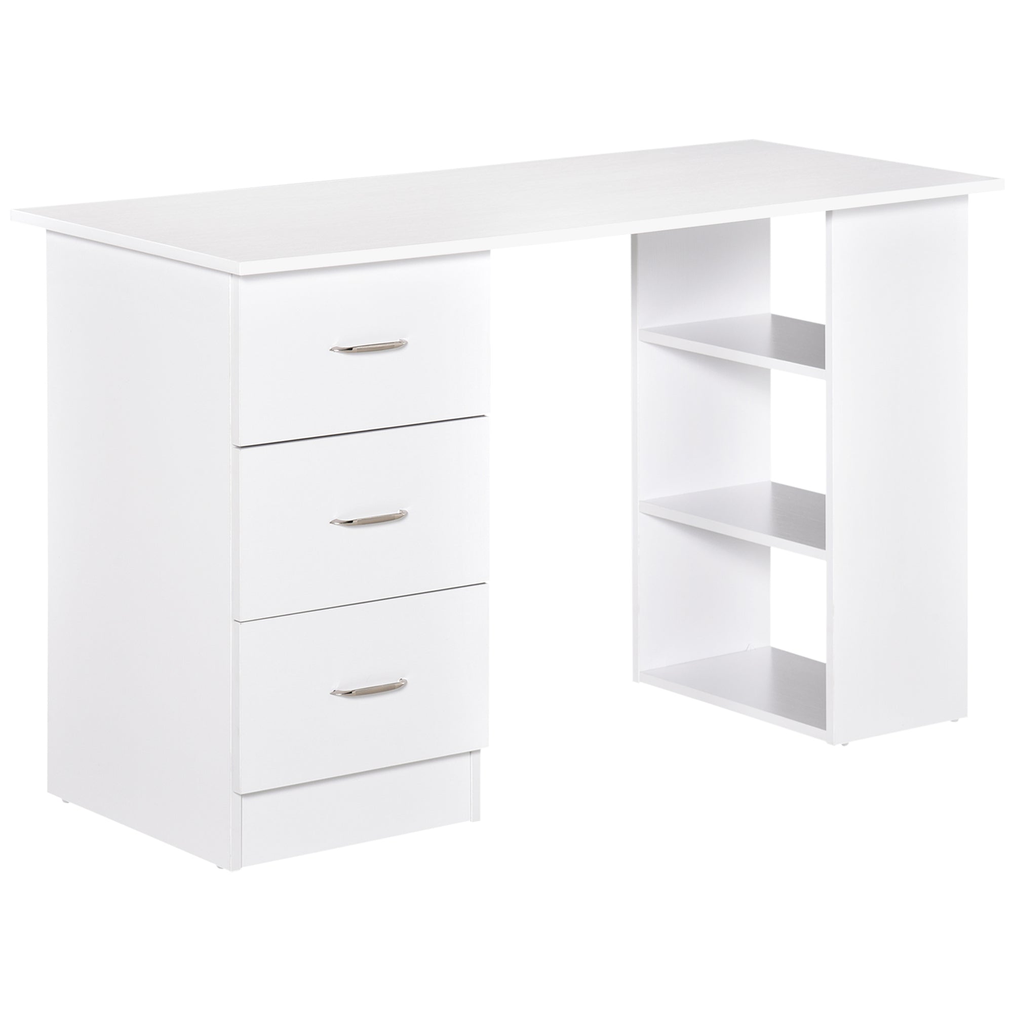 HOMCOM Computer Desk, Writing Table, PC Workstation with 3 Storage Shelves and Drawers, Silver Handle, for Home Office, White - North Peak Garden Furniture