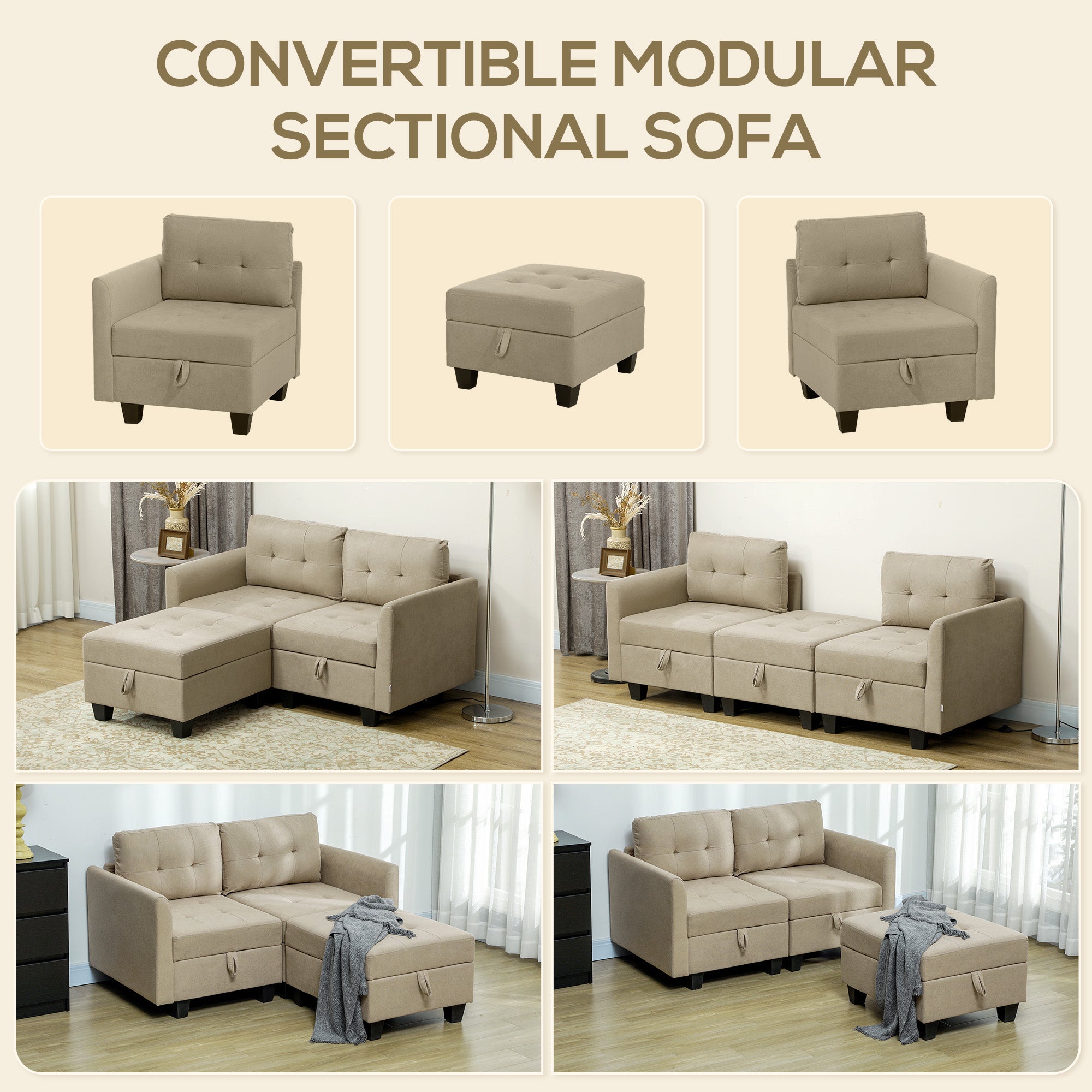 HOMCOM 'L' Shape Modular Storage Sofa - Light Brown - North Peak Garden Furniture