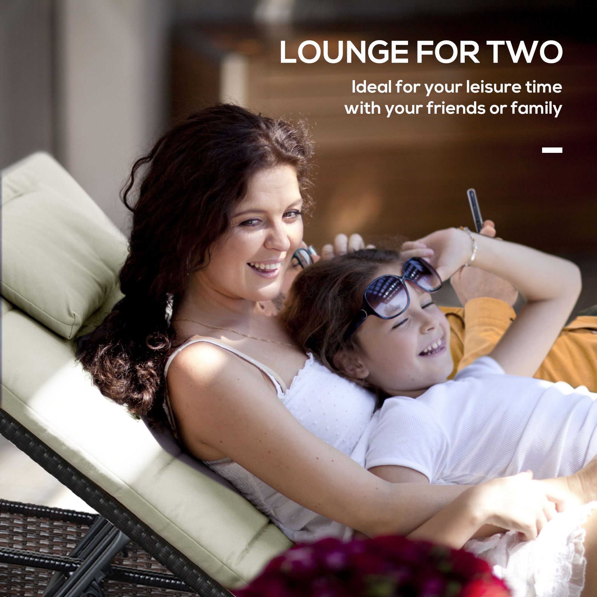 Outsunny 2 Seater Double Rattan Sun Lounger Recliner Day Bed Outdoor Wicker Weave Furniture Sofa w/ Fire Retardant Cushions – Cream - North Peak Garden Furniture