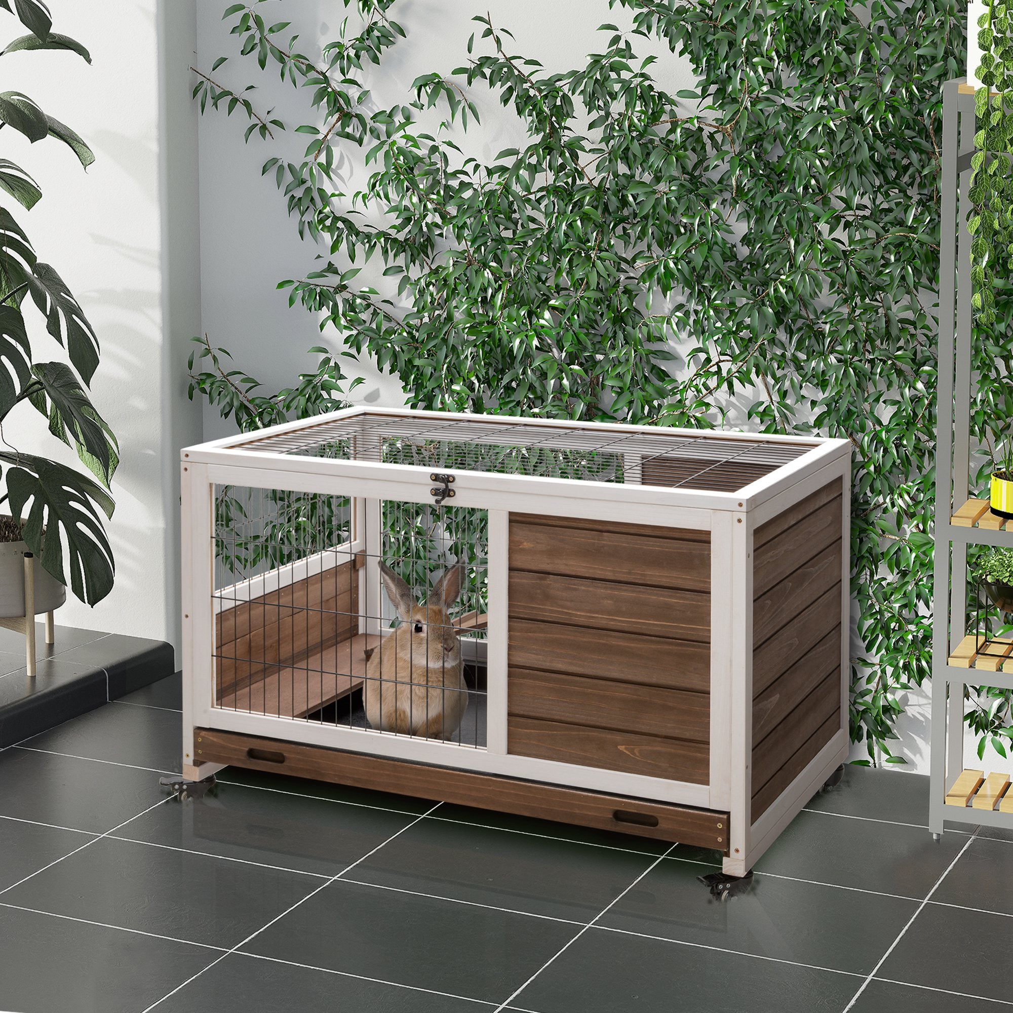 PawHut Wooden Guinea Pig Hutch, 2-Floor Bunny Cage w/ Enclosed Run Area, Brown - North Peak Garden Furniture