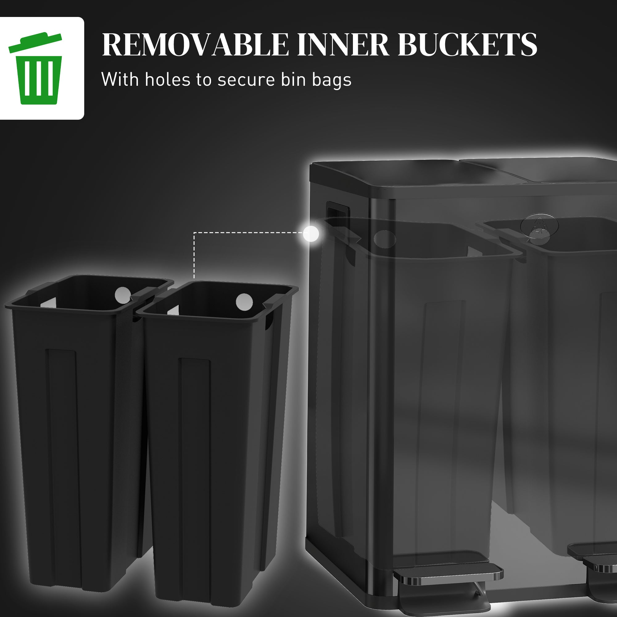 HOMCOM 40L Dual Compartment Stainless Steel Bin, with Deodoriser Holders - Black - North Peak Garden Furniture