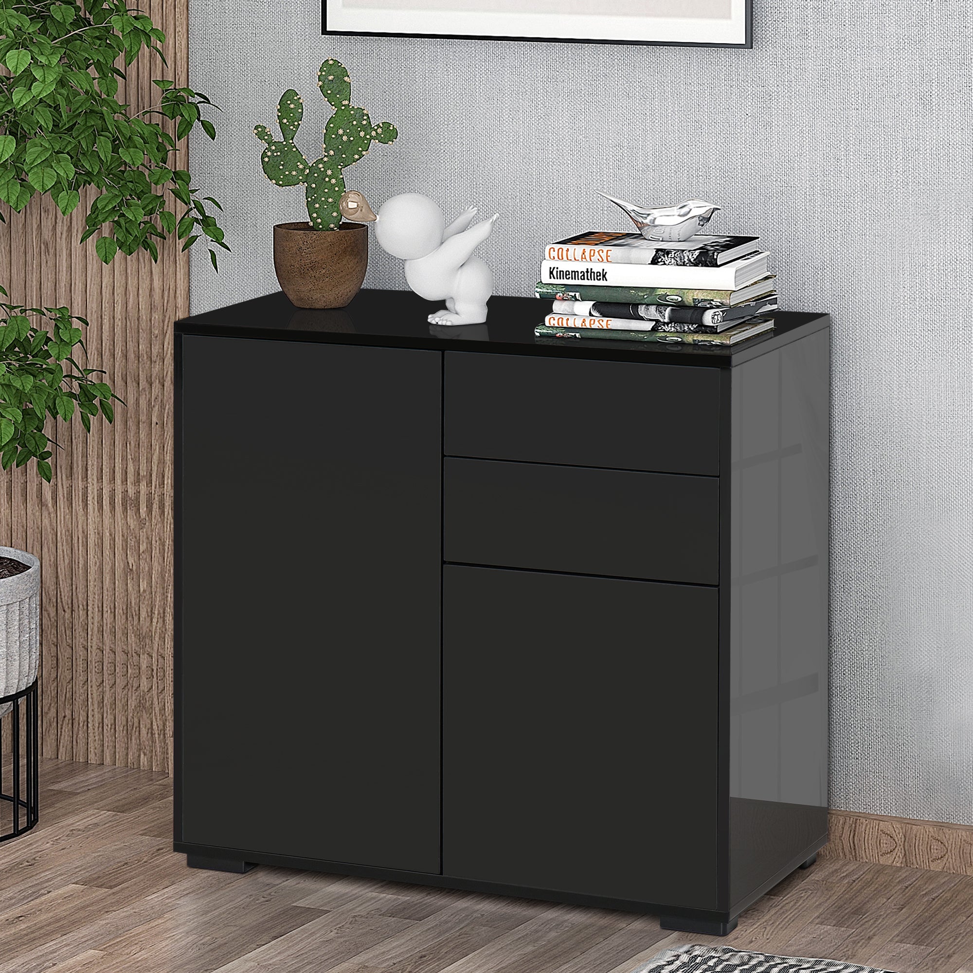 HOMCOM High Gloss Sideboard, Side Cabinet, Push-Open Design with 2 Drawer for Living Room, Bedroom, Black