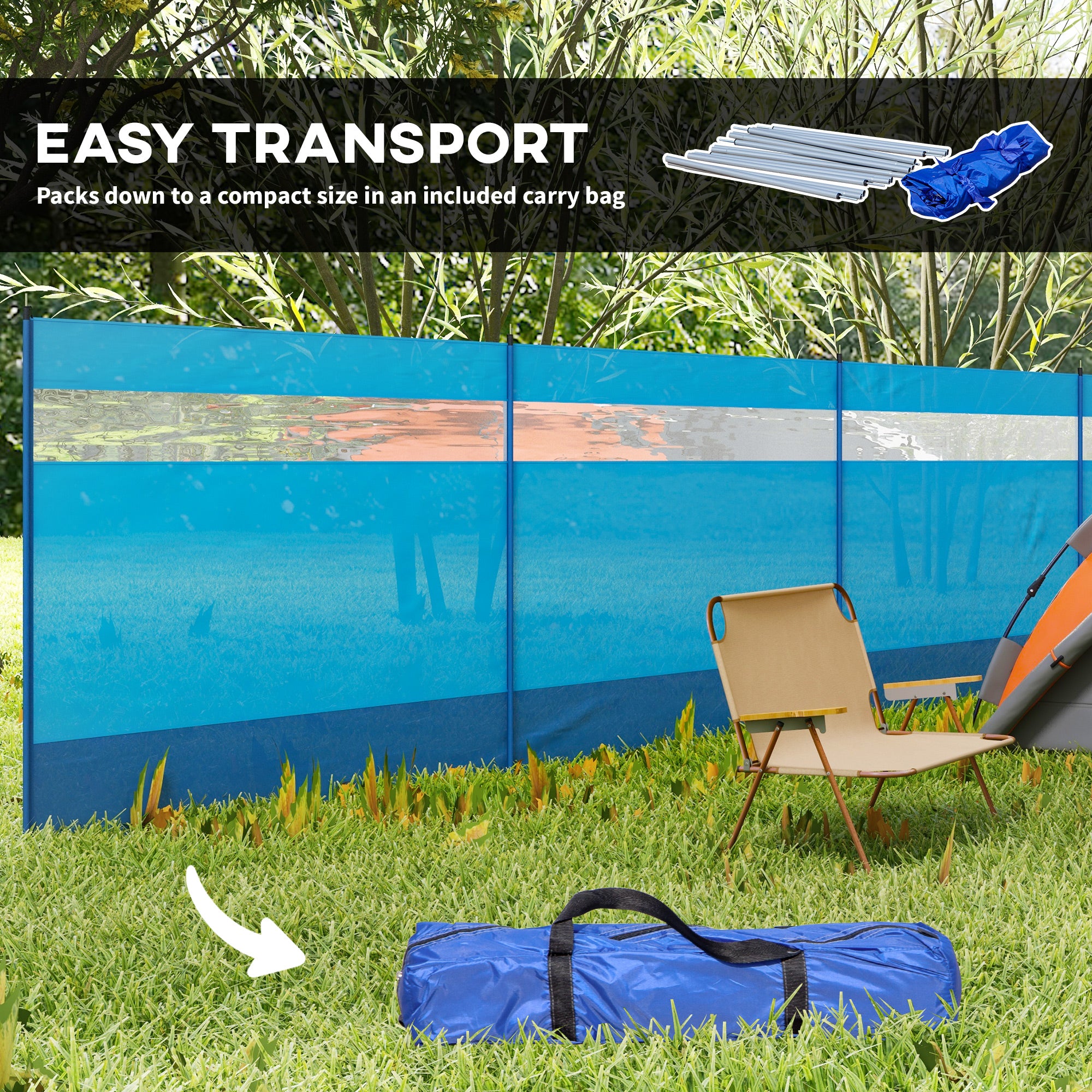 Outsunny Camping Windbreaker with Clear Windows, Carry Bag and Steel Poles, for Beach Caravan Campervan, 725 x 140cm, Blue - North Peak Garden Furniture