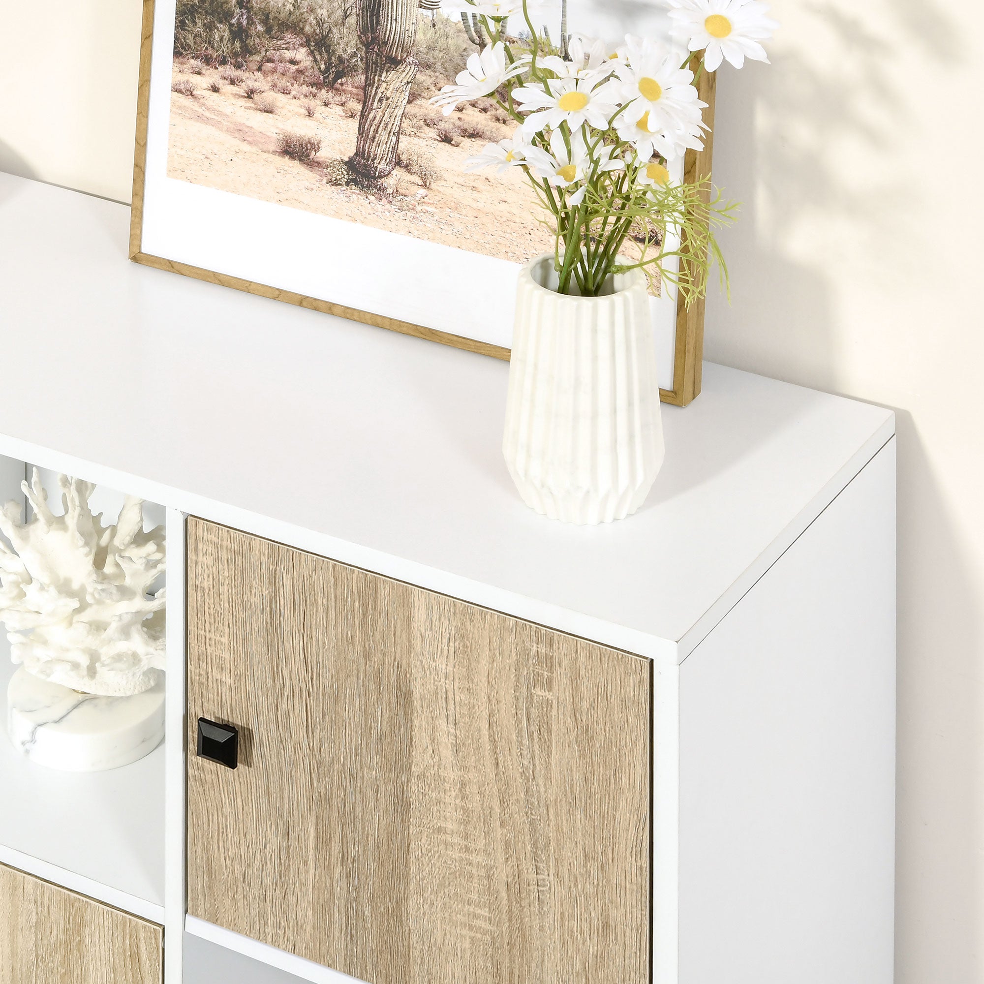 HOMCOM Storage Cabinet, Bookcase, Display Shelf with 6 Storage Cubes & Doors for Dining Room, Living Room, Natural - North Peak Garden Furniture
