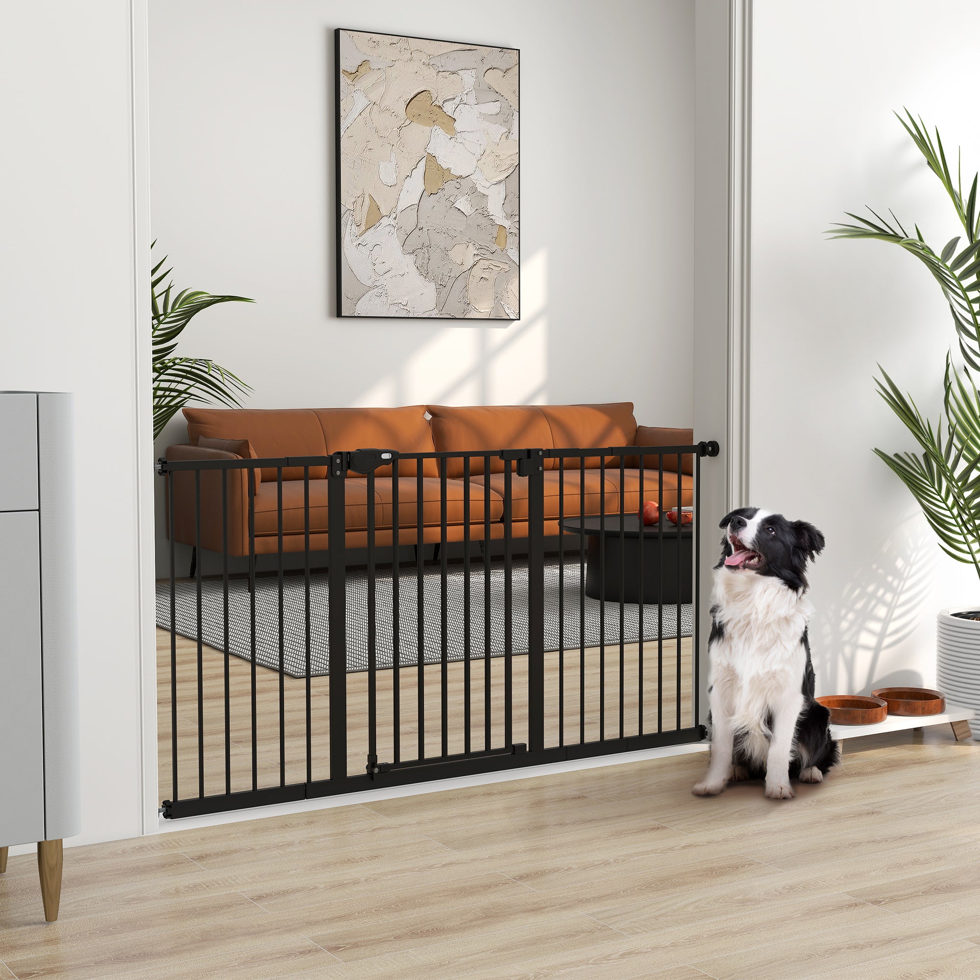 PawHut Dog Gate Stair Gate Pressure Fit Pets Barrier Auto Close for Doorway Hallway, 74-148cm Wide Adjustable, Black - North Peak Garden Furniture