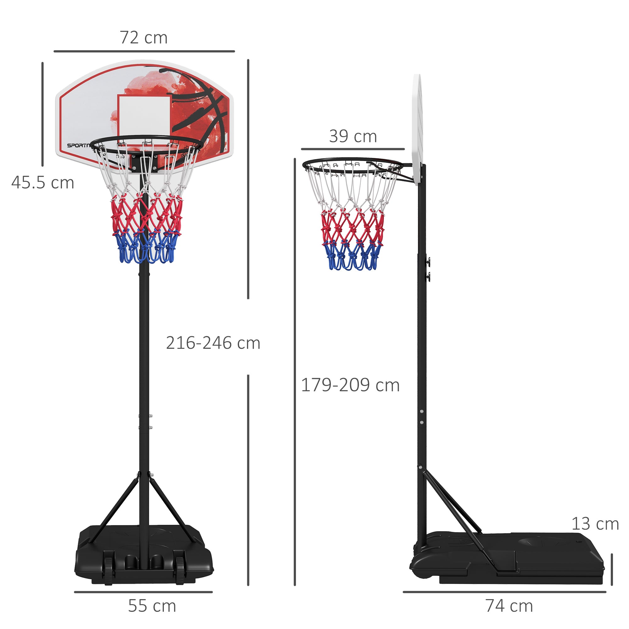 SPORTNOW Adjustable Basketball Stand Net System, with Wheels, Enlarged Base, PE, Backboard, 179-209cm - North Peak Garden Furniture