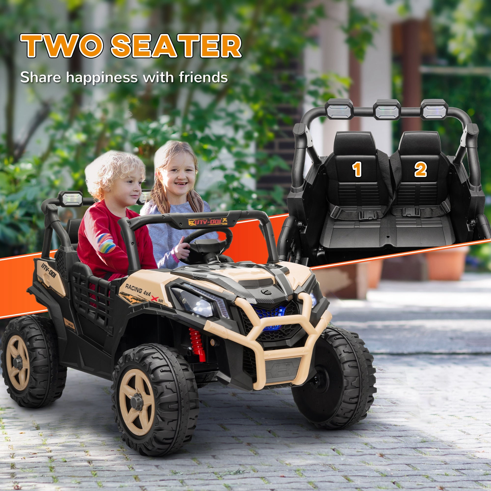 AIYAPLAY 24V 2 Seater Kids Electric Car with Remote Control, Suspension System,  Slow Start, 3 Speeds, for 3-8 Years, Khaki