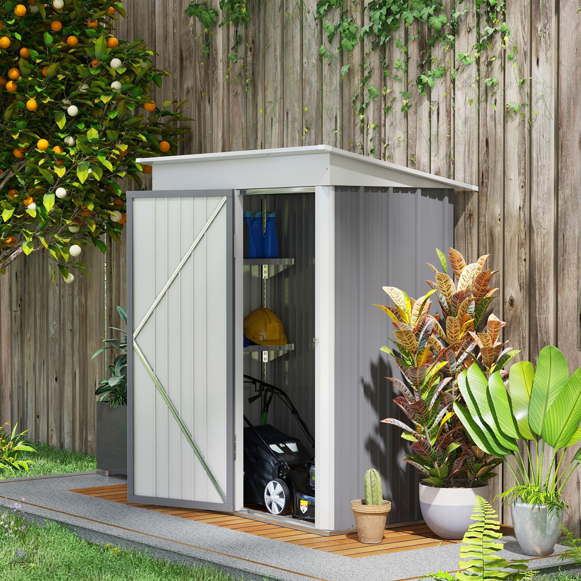 Outsunny Metal Garden Shed, Outdoor Lean-to Shed for Tool Motor Bike, with Adjustable Shelf, Lock, Gloves, 5'x3'x6', Grey - North Peak Garden Furniture