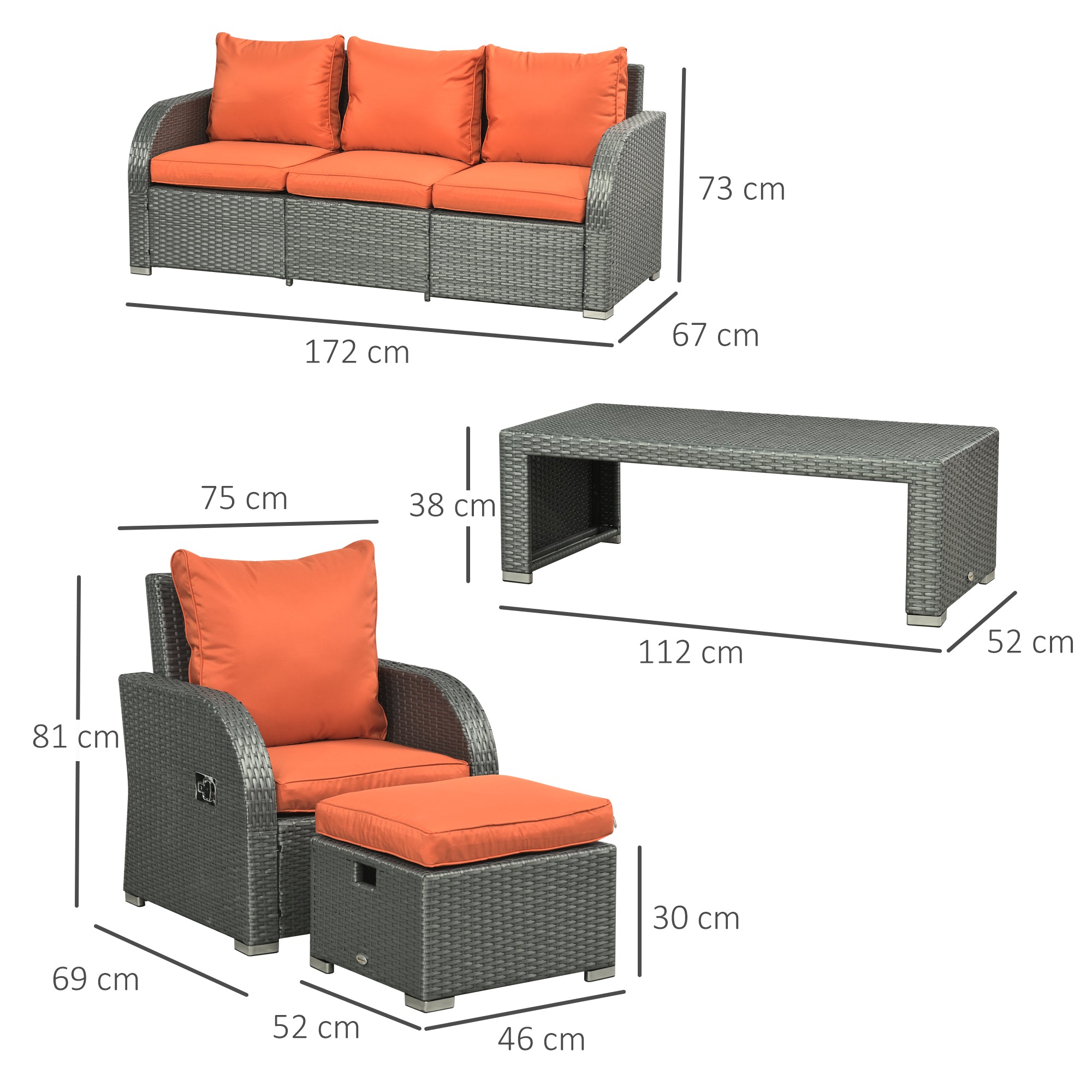 Outsunny Six-piece Outdoor Rattan Dining Set, with Reclining Armchairs - Orange - North Peak Garden Furniture