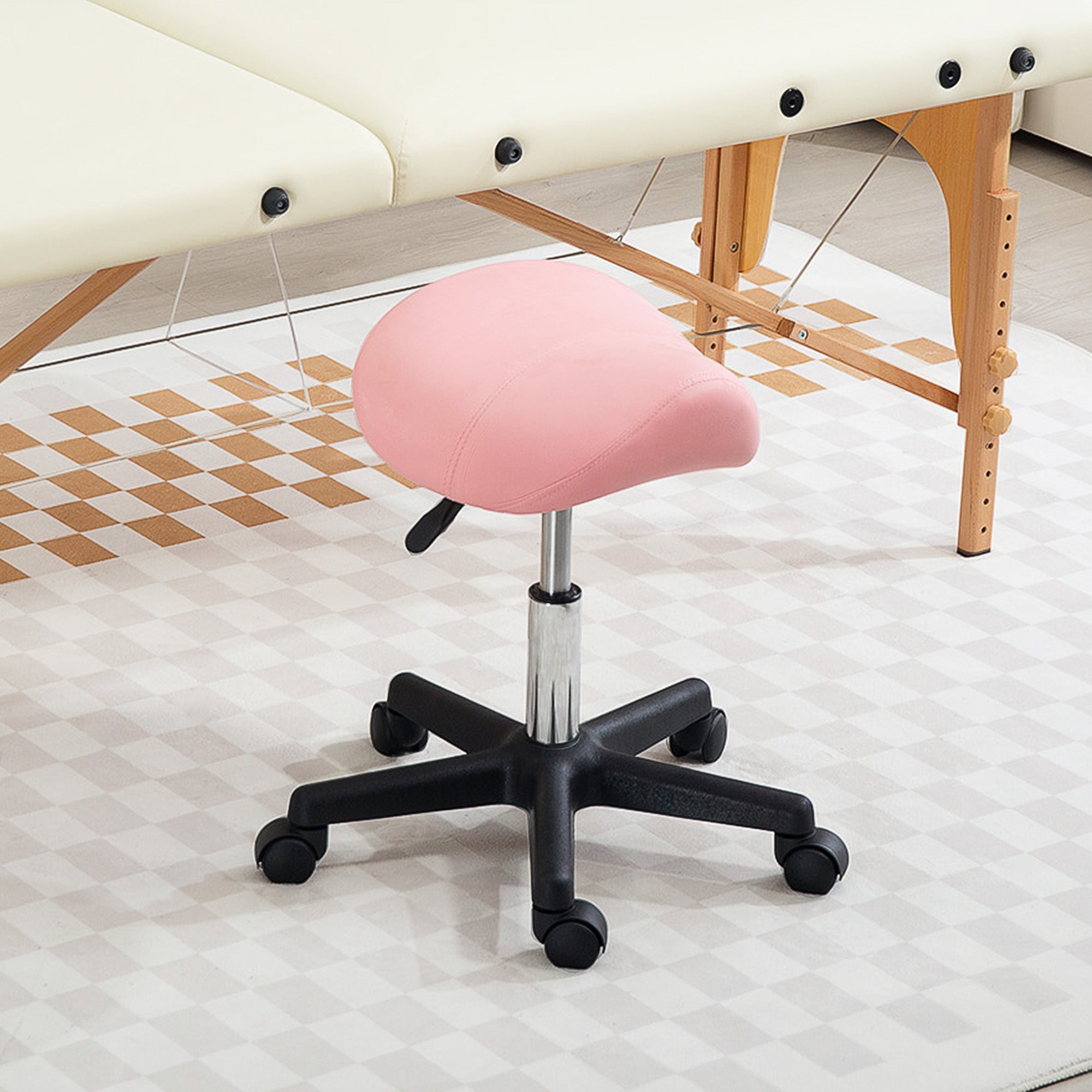 HOMCOM Saddle Stool, PU Leather Adjustable Rolling Salon Chair with Steel Frame for Massage, Spa, Beauty and Tattoo, Pink - North Peak Garden Furniture