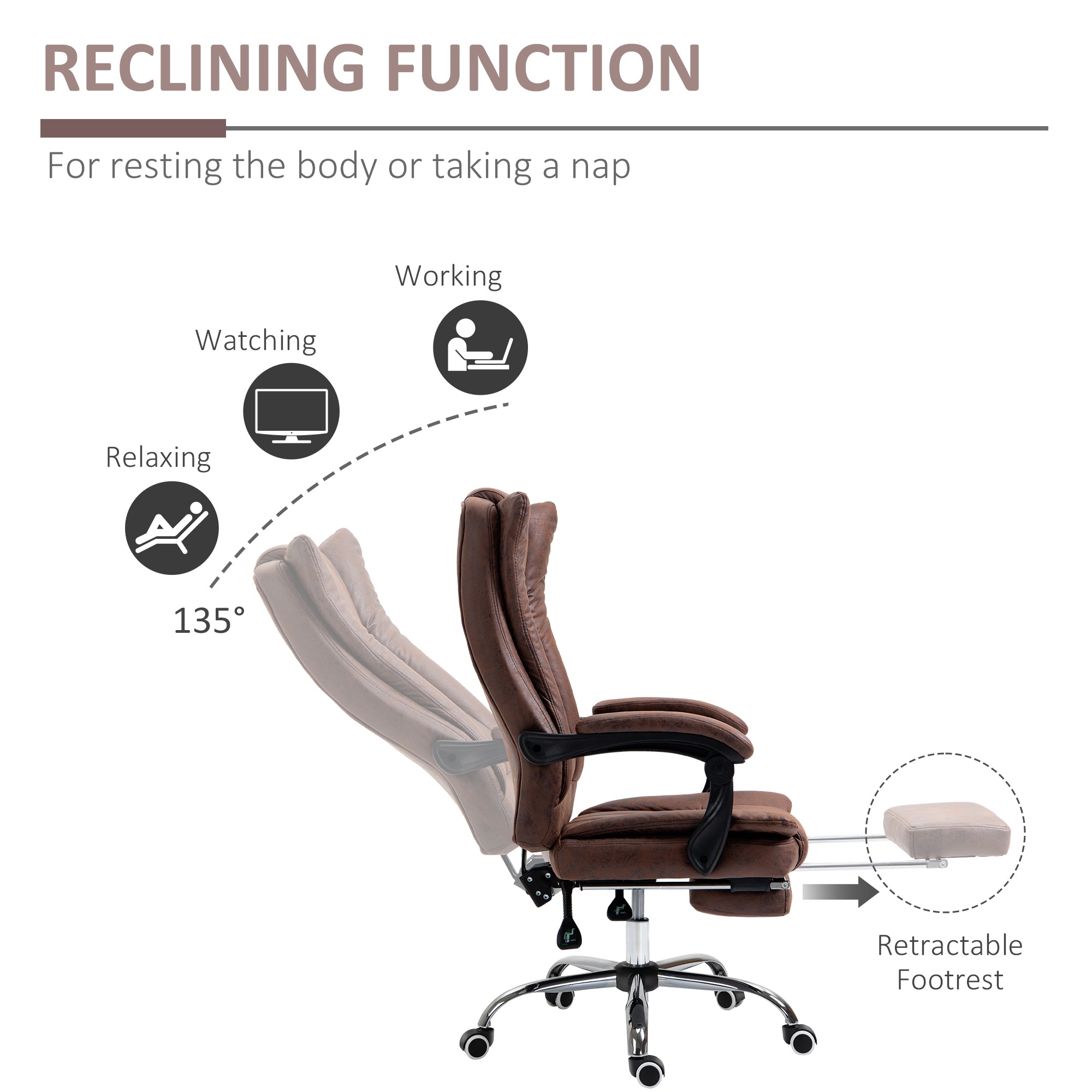 Vinsetto Home Office Chair Microfibre Desk Chair with Reclining Function Armrests Swivel Wheels Footrest Brown - North Peak Garden Furniture