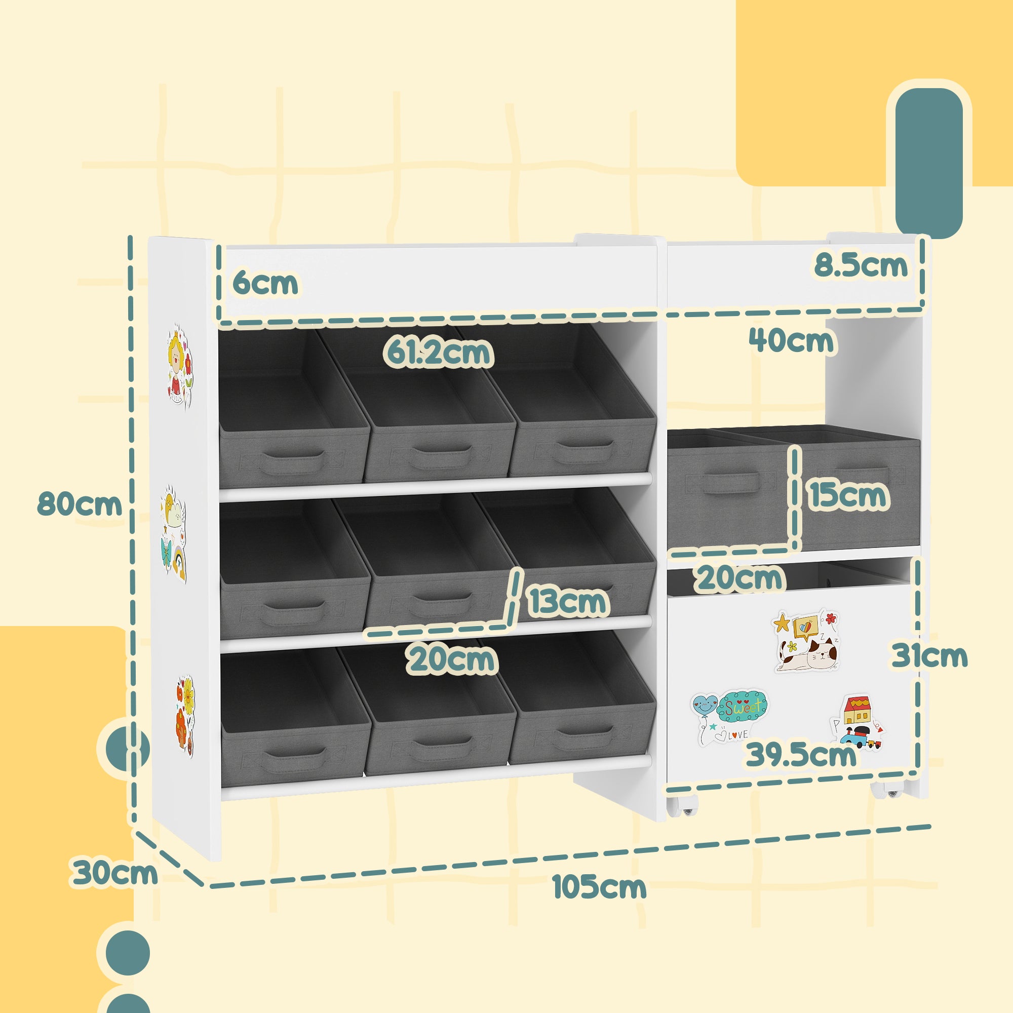 AIYAPLAY Kids Toy Storage Unit with 11 Bins, Cabinet, Top Shelves, 3 Stickers, for Nursery, Playroom, Kindergarten, White - North Peak Garden Furniture
