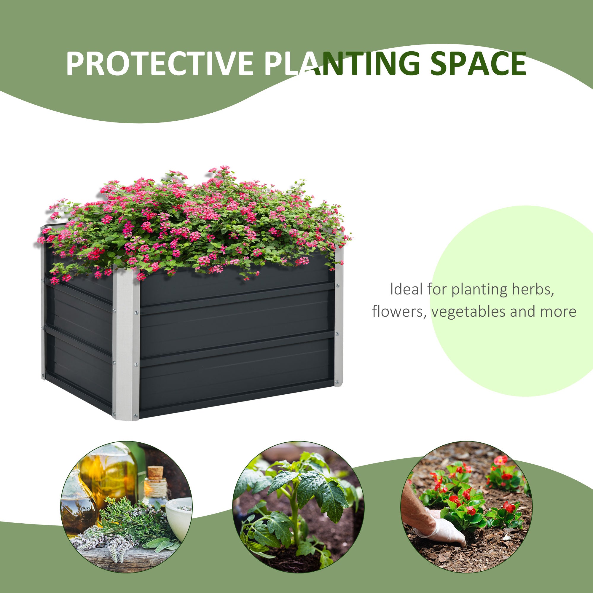 Outsunny 108L Raised Garden Bed, Galvanized Steel Elevated Planter Box w/ Installation Gloves for Backyard, Patio to Grow Vegetables, Herbs, and Flowers, 66 x 47 x 40cm, Grey - North Peak Garden Furniture
