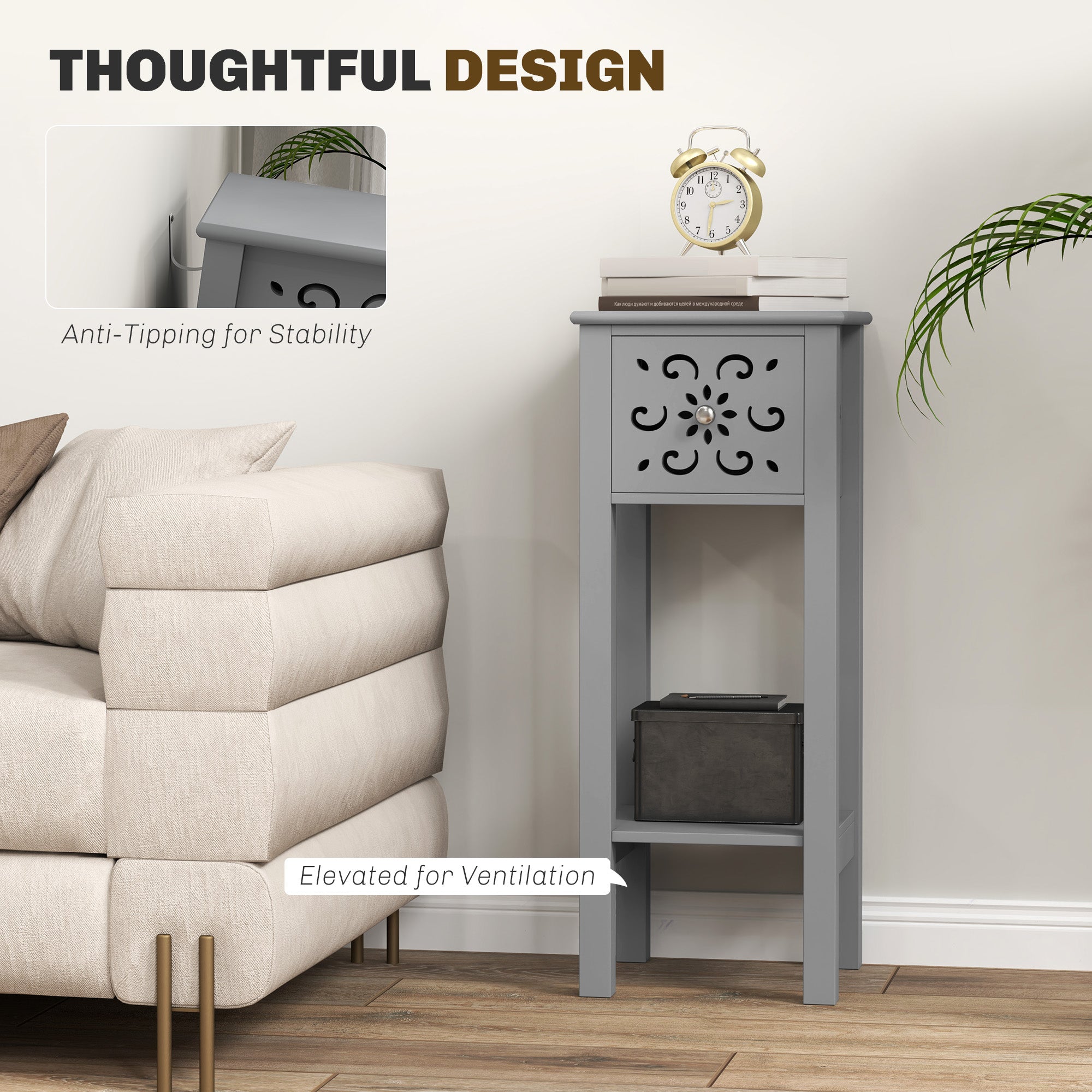 HOMCOM Set of Two Elegant Floral Cut-Out Side Tables - Grey - North Peak Garden Furniture