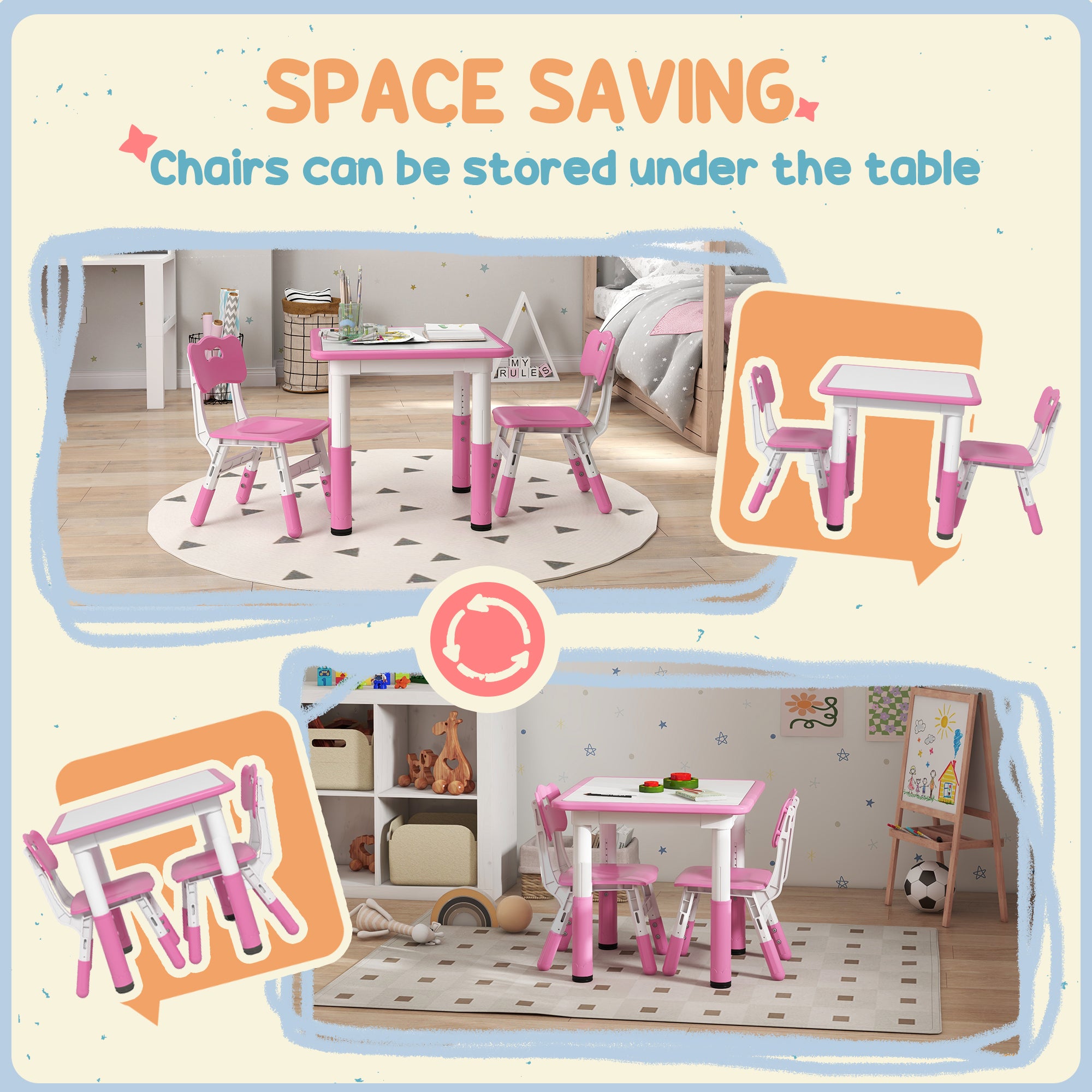 AIYAPLAY Height Adjustable Toddler Table and Chair Set, 3 Pcs Children Activity Table w/ 2 Chairs, for Playroom, Bedroom - Pink