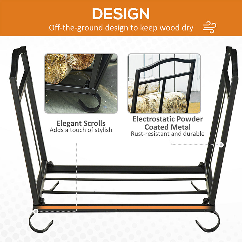 Outsunny Metal Firewood Log Holder Indoor Outdoor Folding Firewood Rack Fireplace Wood Storage Shelf w/ Scrolls, Rust-Resistant, Black, 48L x 34W x 37Hcm - North Peak Garden Furniture