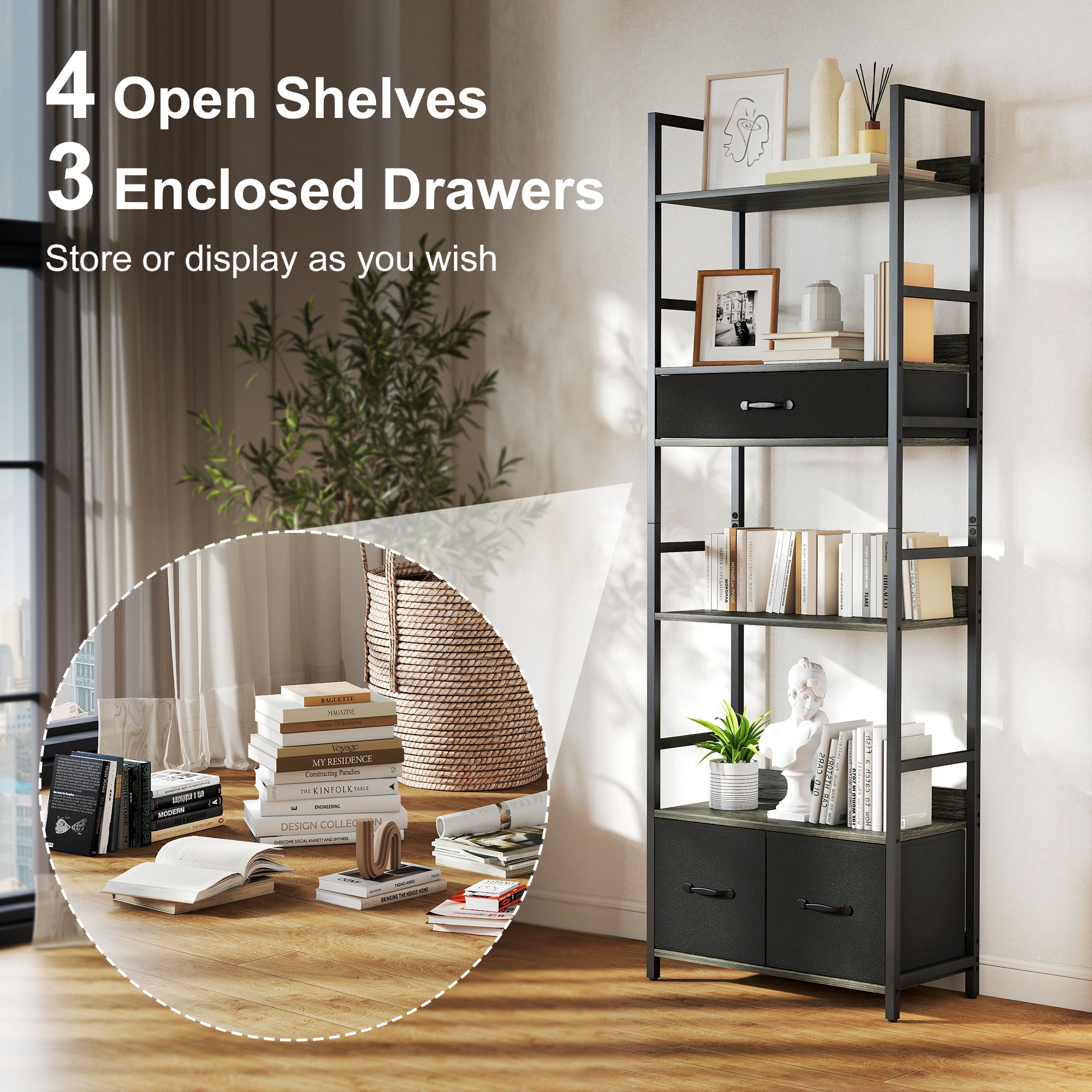 HOMCOM Industrial Bookcase, 6-Tier Tall Bookshelf with 3 Fabric Drawers - Grey