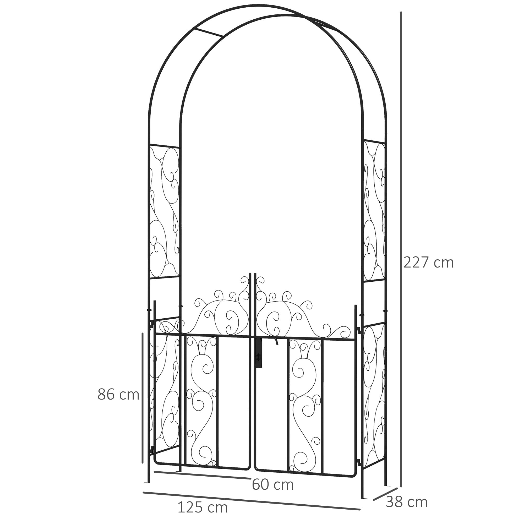 Outsunny Outdoor Garden Arch with Double Gates, Metal Garden Arbor for Climbing Plants, Roses, Vines, Wedding Arch for Outdoor, 125L x 38W x 227H cm, Black - North Peak Garden Furniture