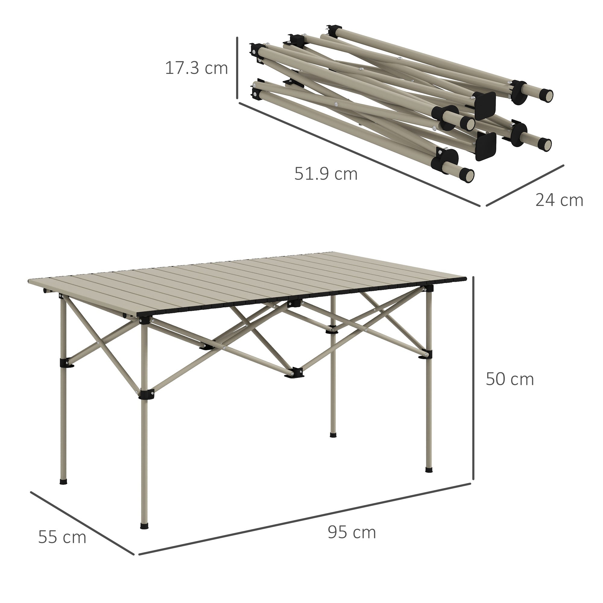 Outsunny Two-Seater Portable Aluminium Table, with Roll-Up Tabletop and Bag - Khaki