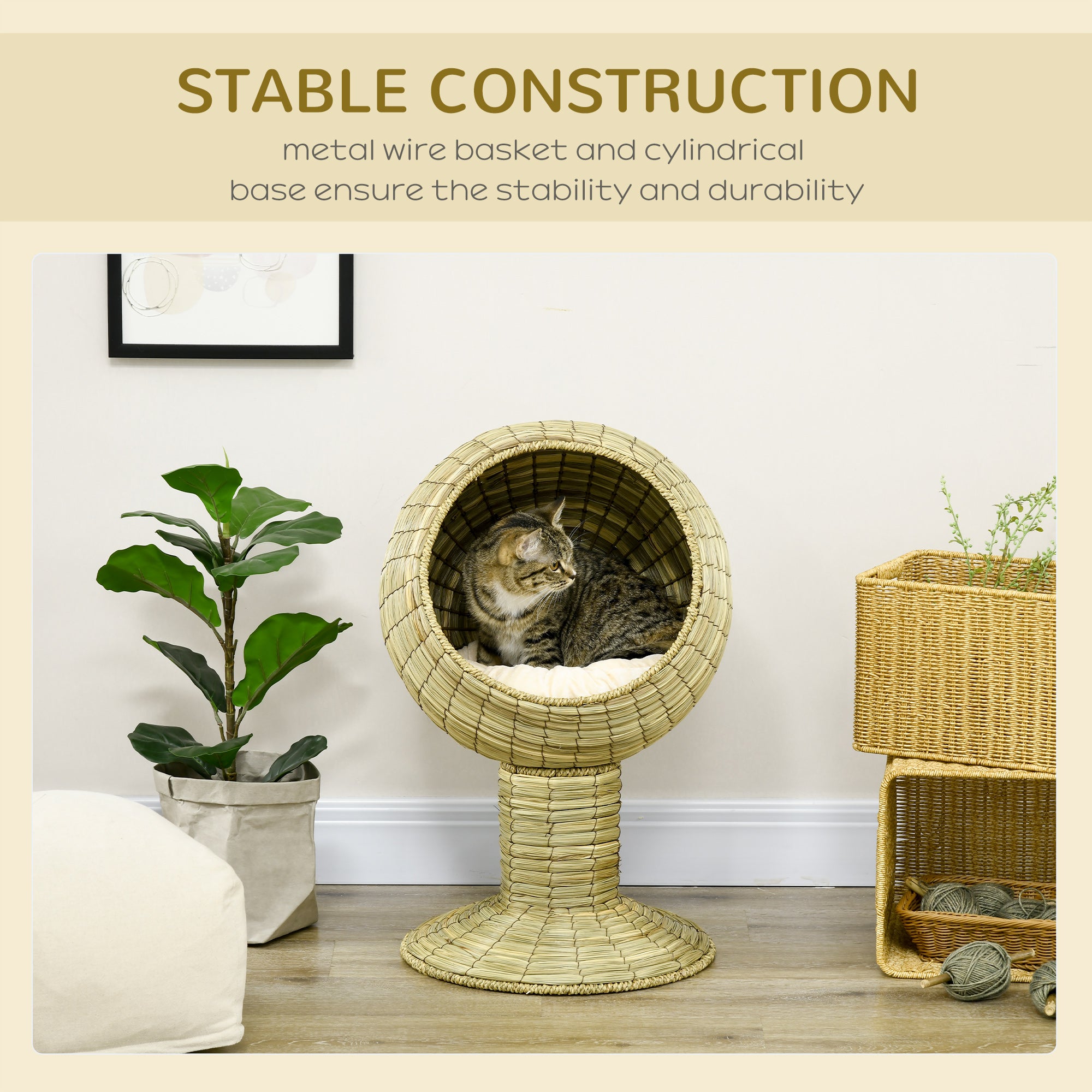 PawHut Raised Detachable Cat house, Natural Mat Grass Cat Bed, with Cushion - North Peak Garden Furniture